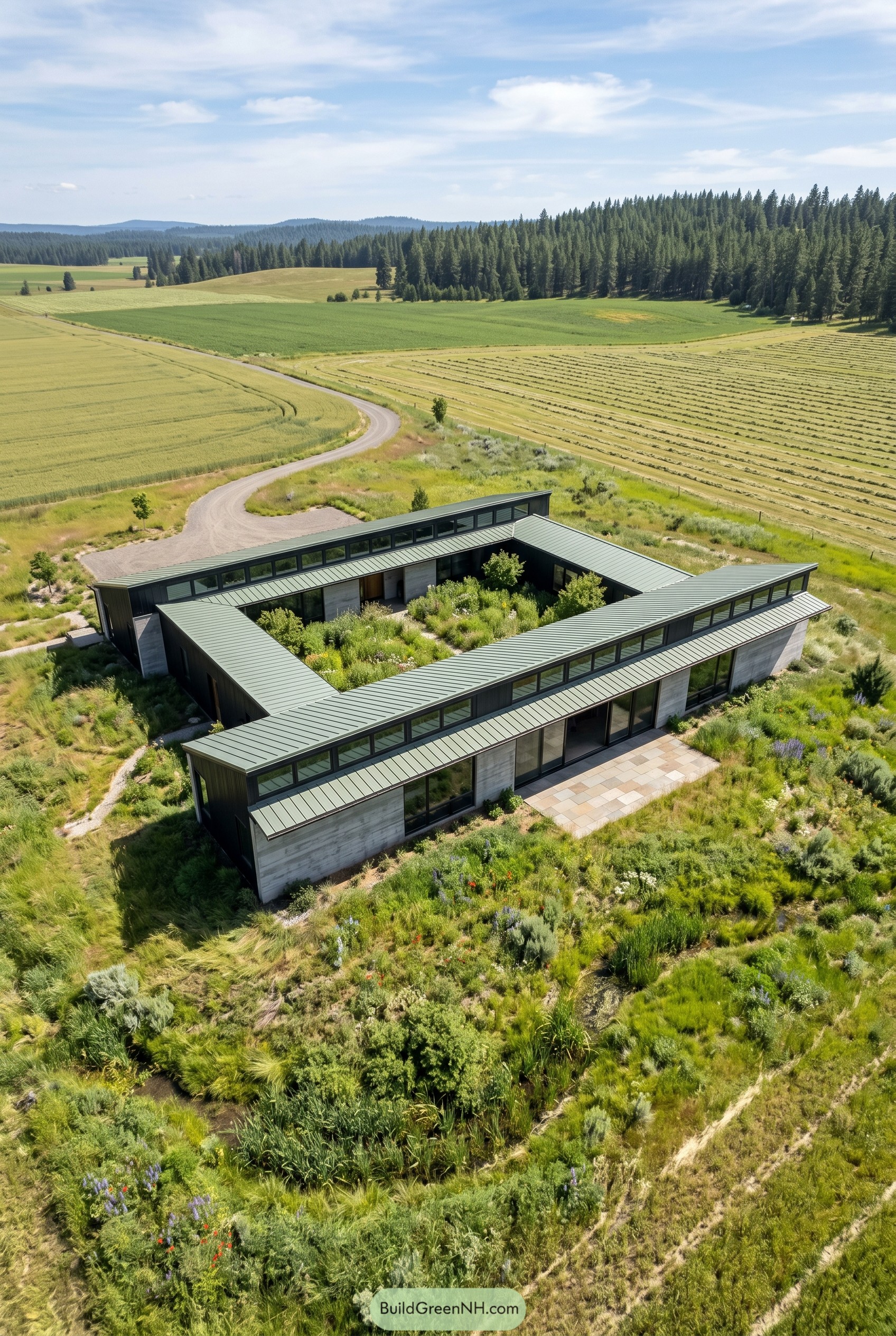Low courtyard home surrounded by native meadow
