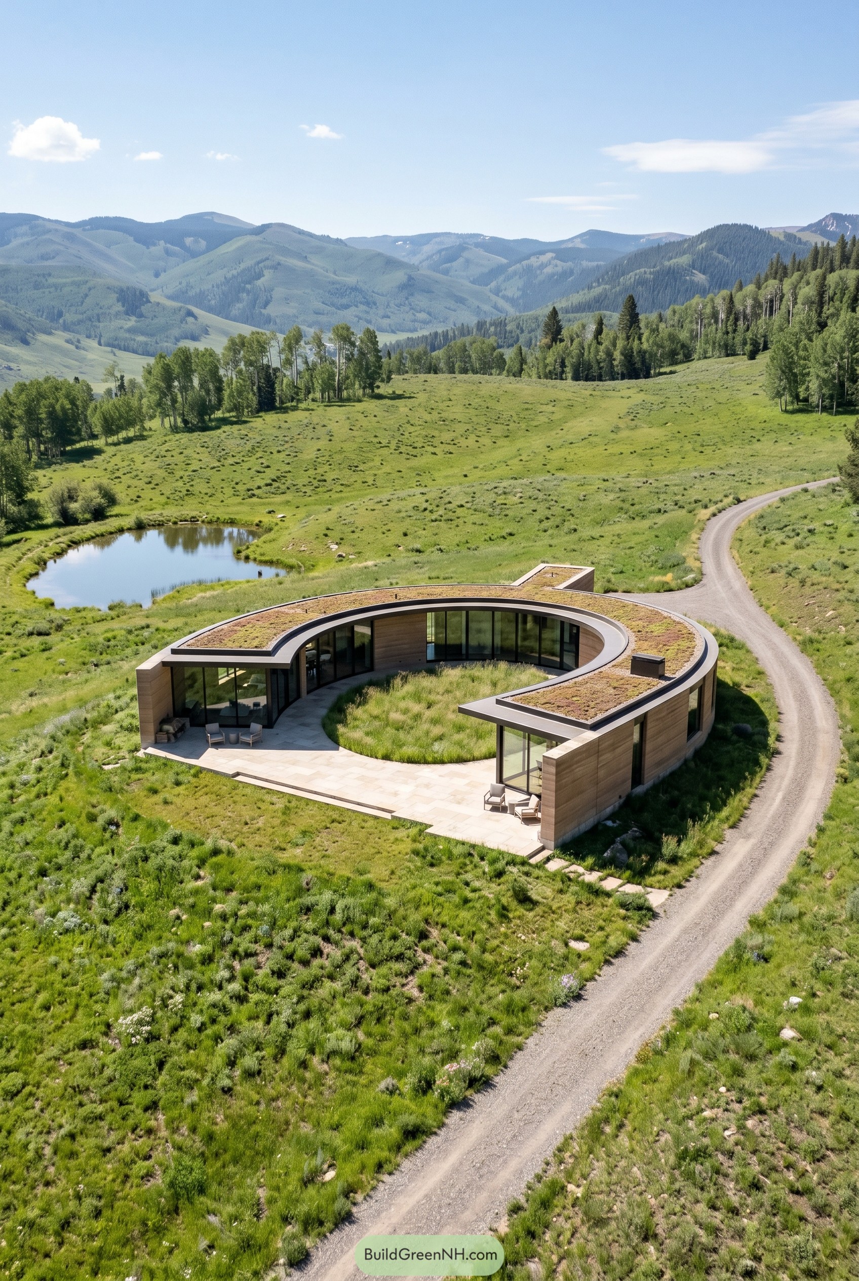 Curved green roof house in a mountain meadow