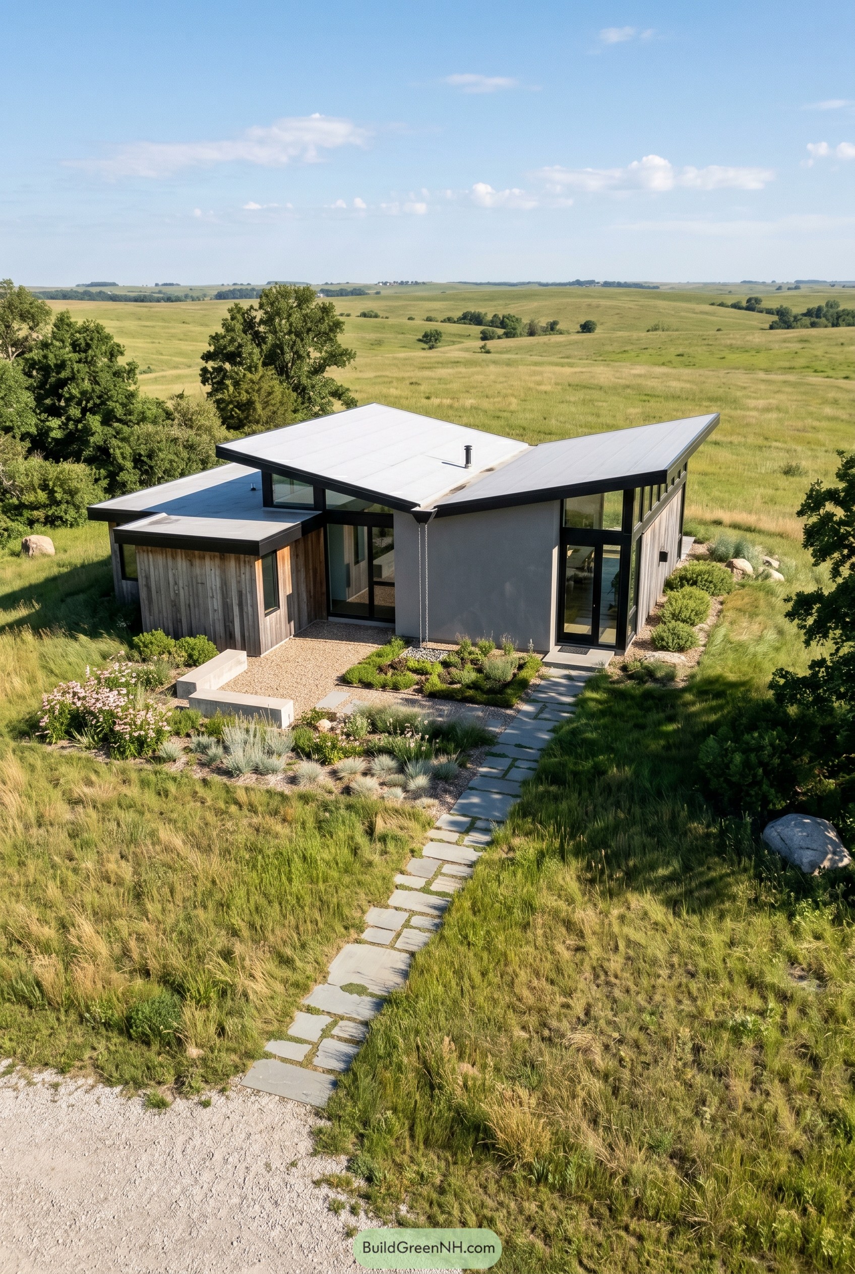 Angular modern house with folded roof in meadow