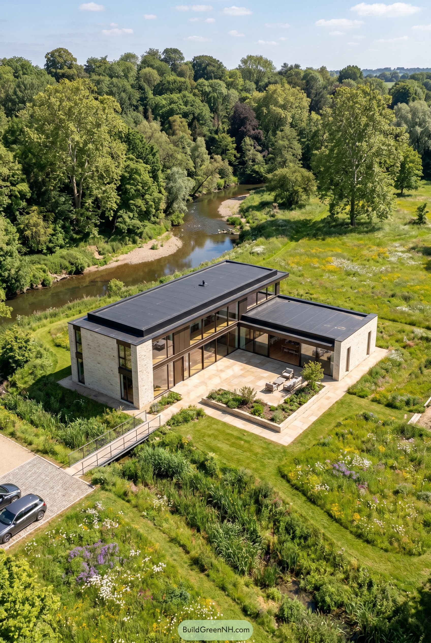 Modern L shaped villa beside a river meadow