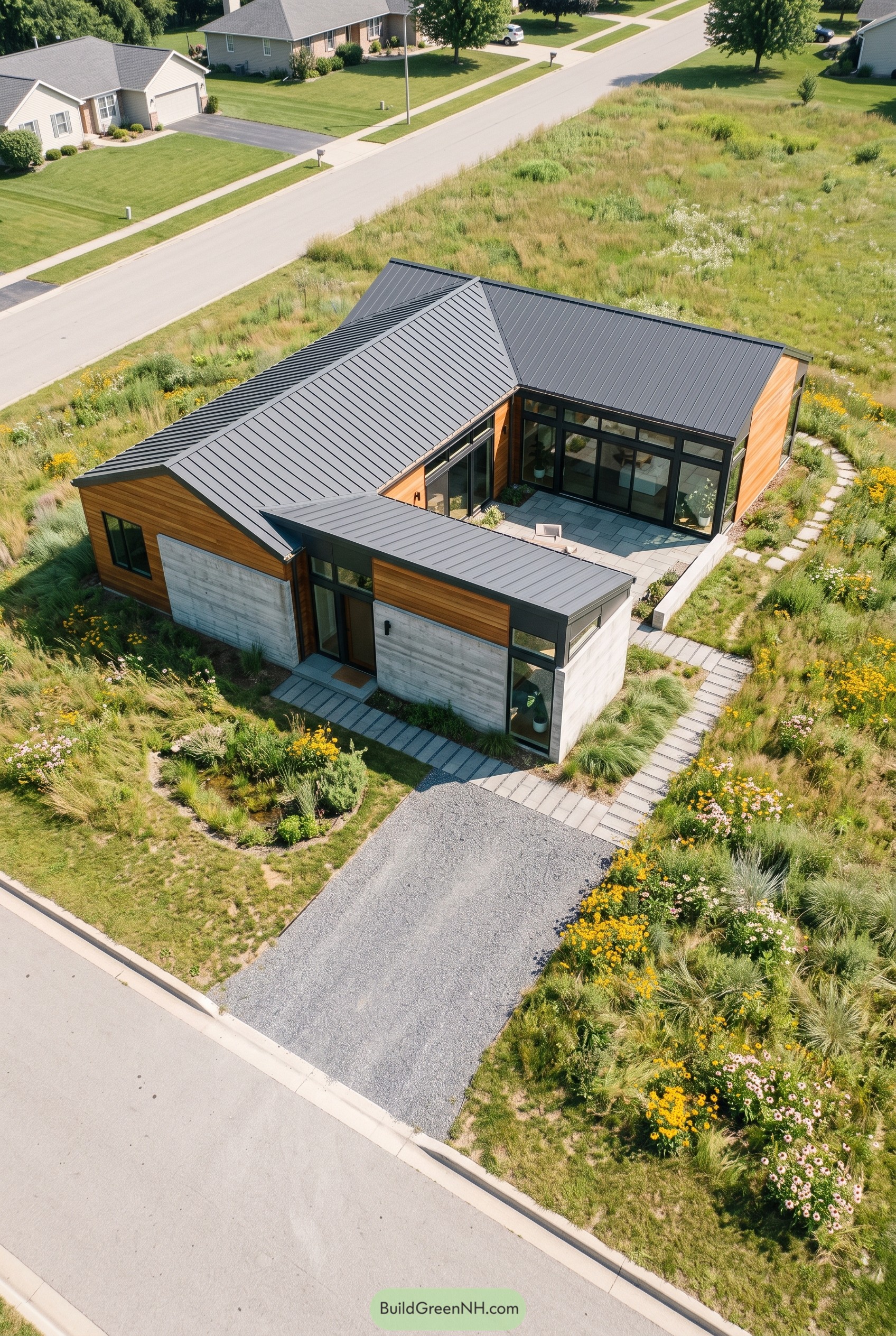 Modern cedar and concrete home within a native meadow