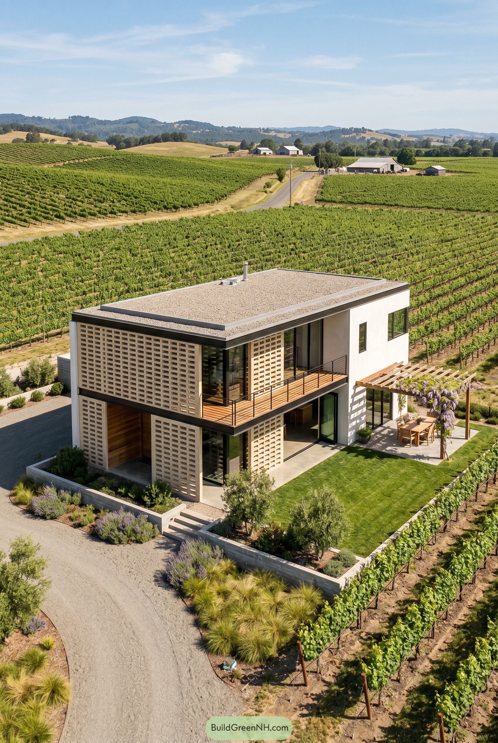 Two story modern house with breeze block screens in a vineyard