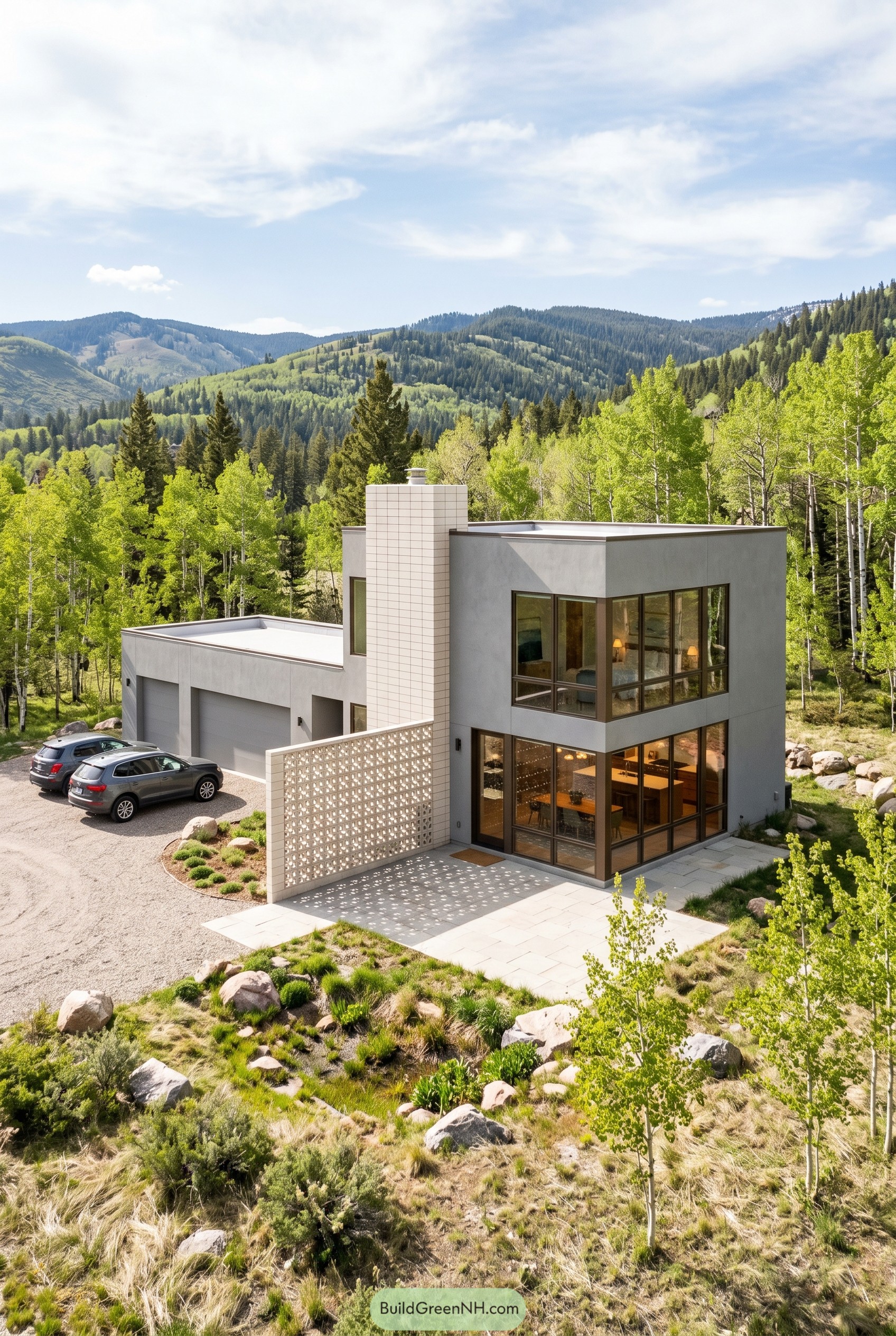 Modern mountain home with breeze block wall