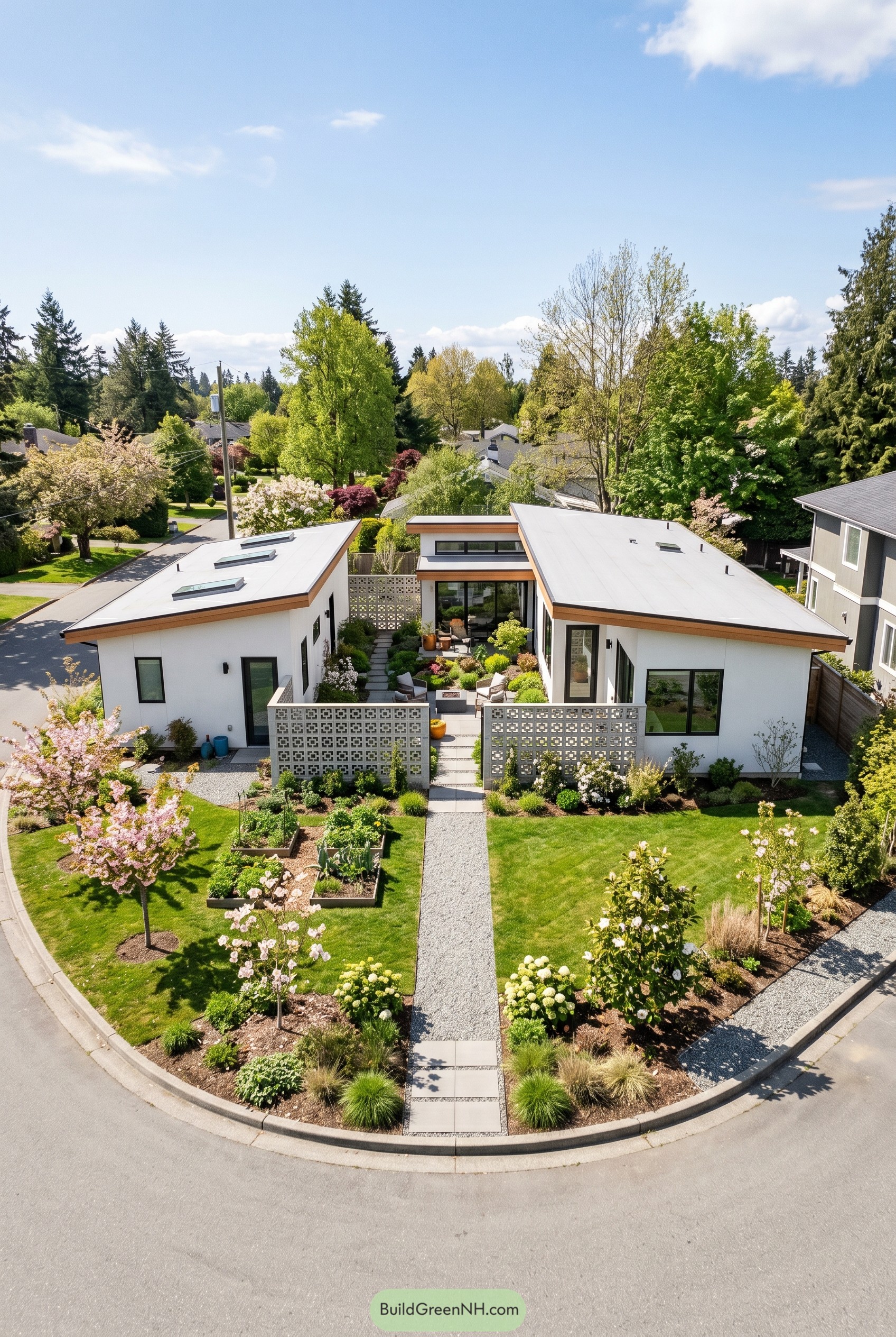 Modern white house with breeze block courtyard walls on a curved corner lot