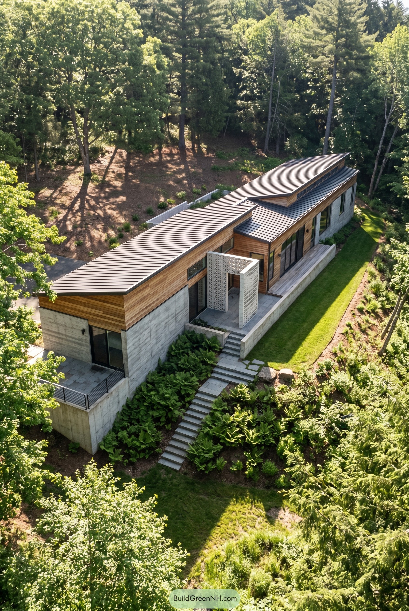 Long modern house with breeze block entry