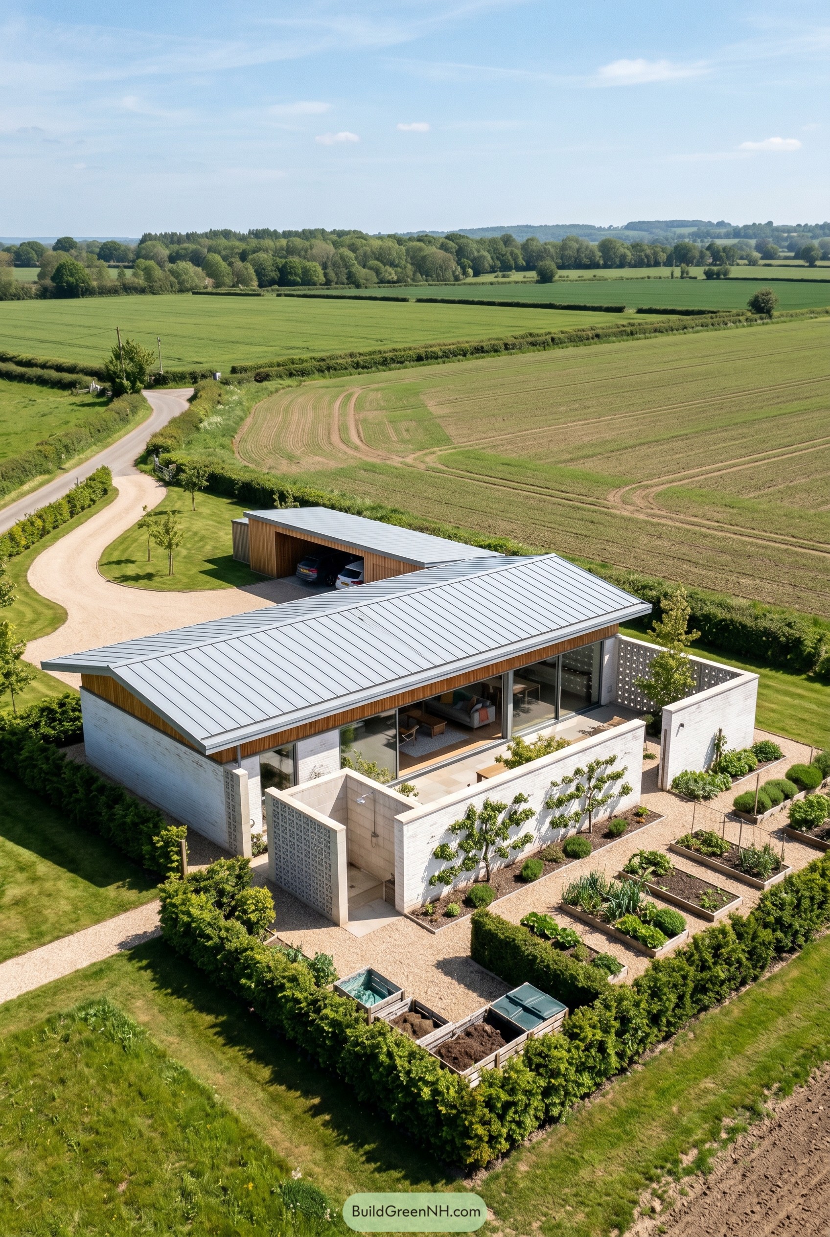 Modern rural house with breeze block courtyard walls