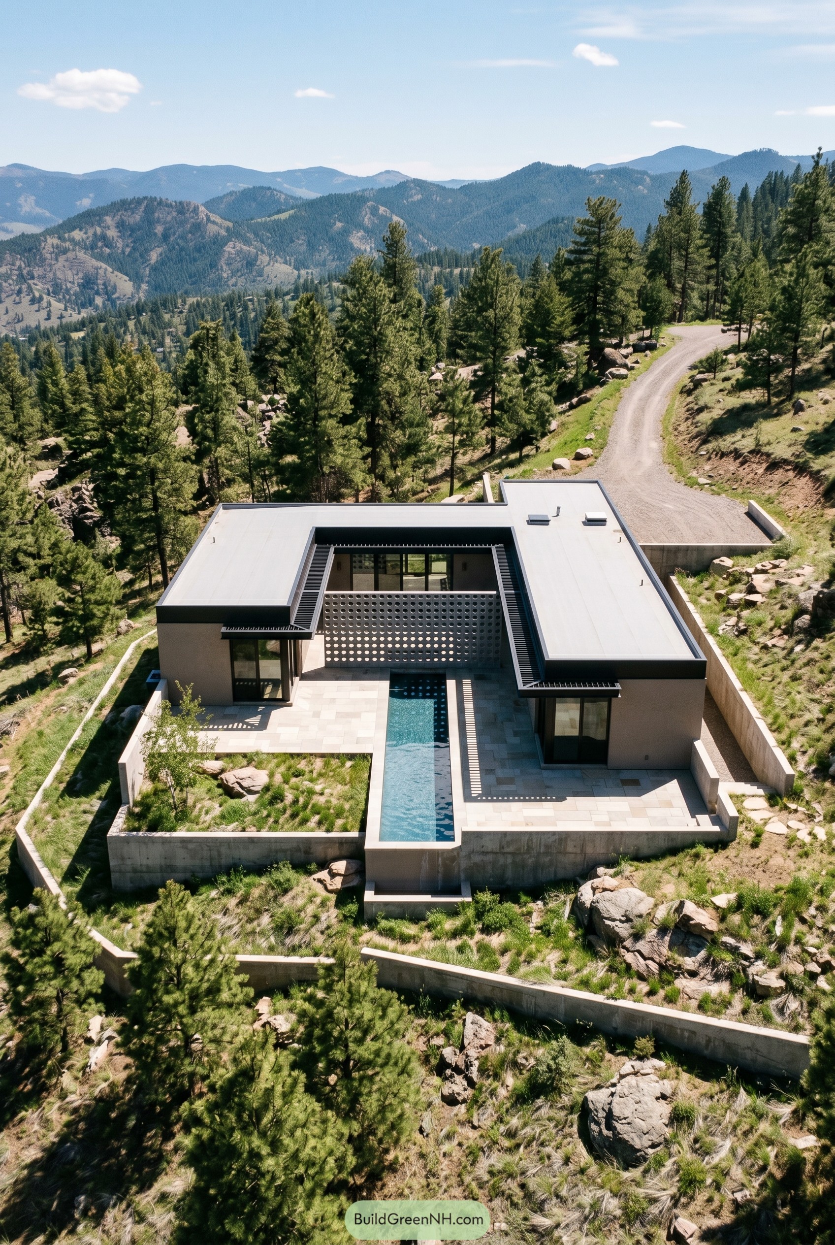 Modern hillside house with breeze block court and lap pool