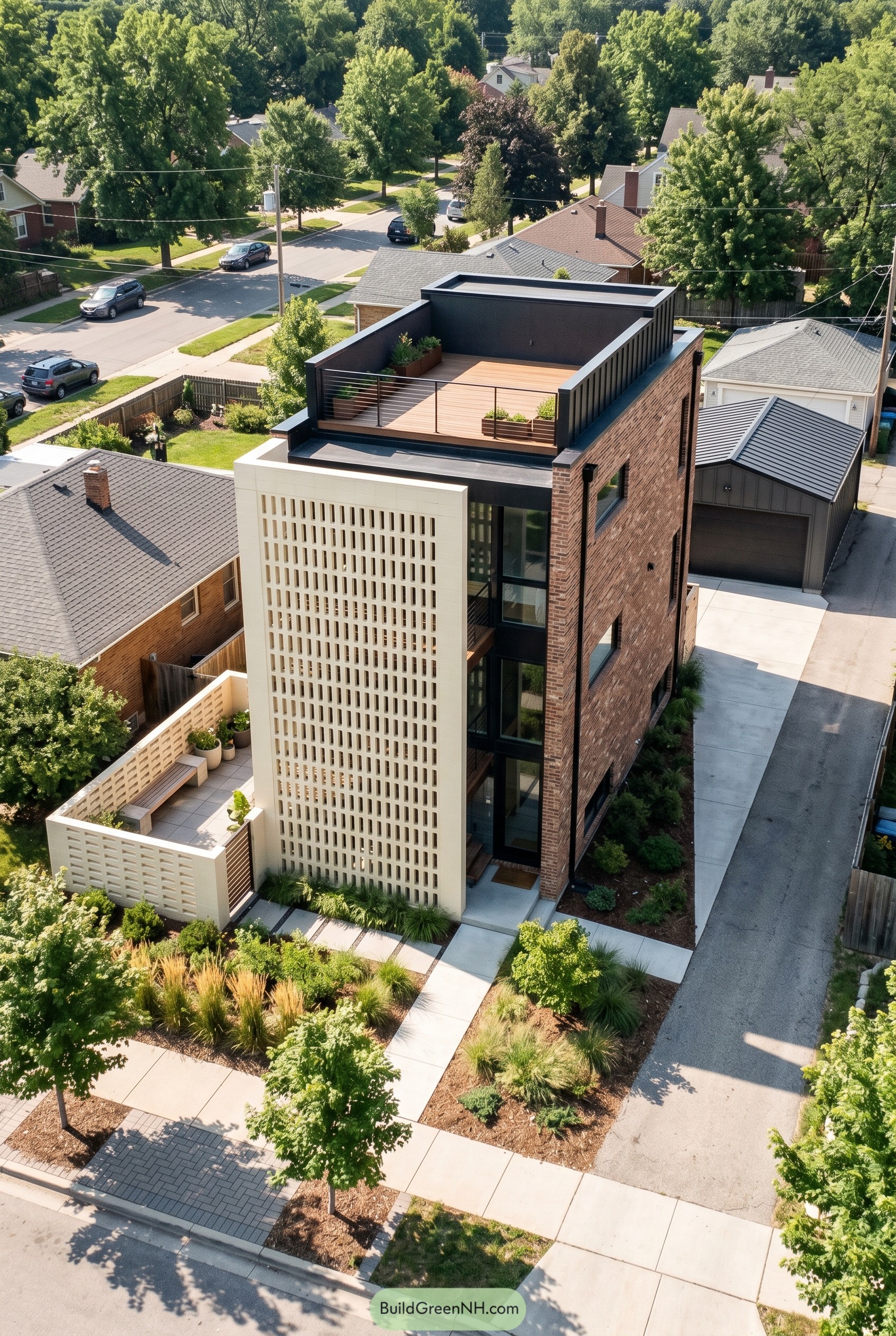 Modern brick townhouse with breeze block facade and roof deck
