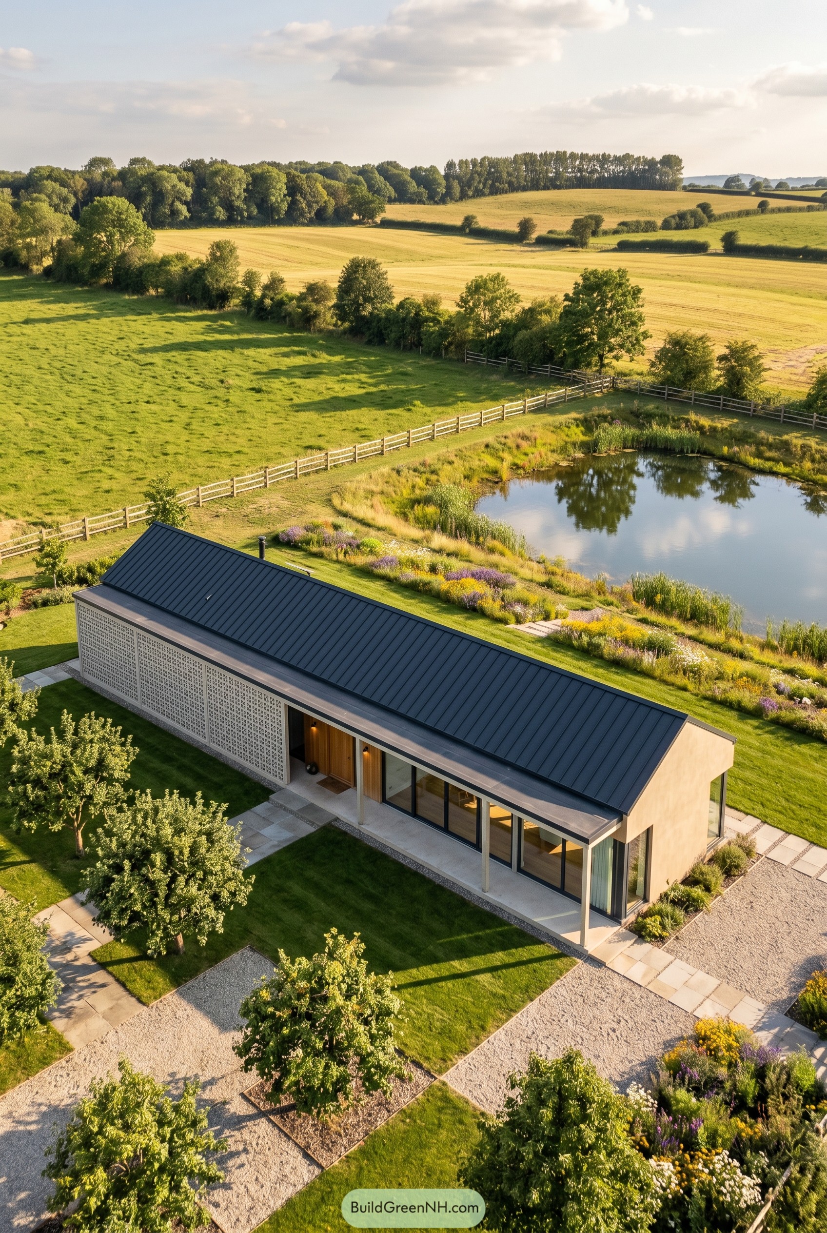 Long modern house with breeze block facade by pond