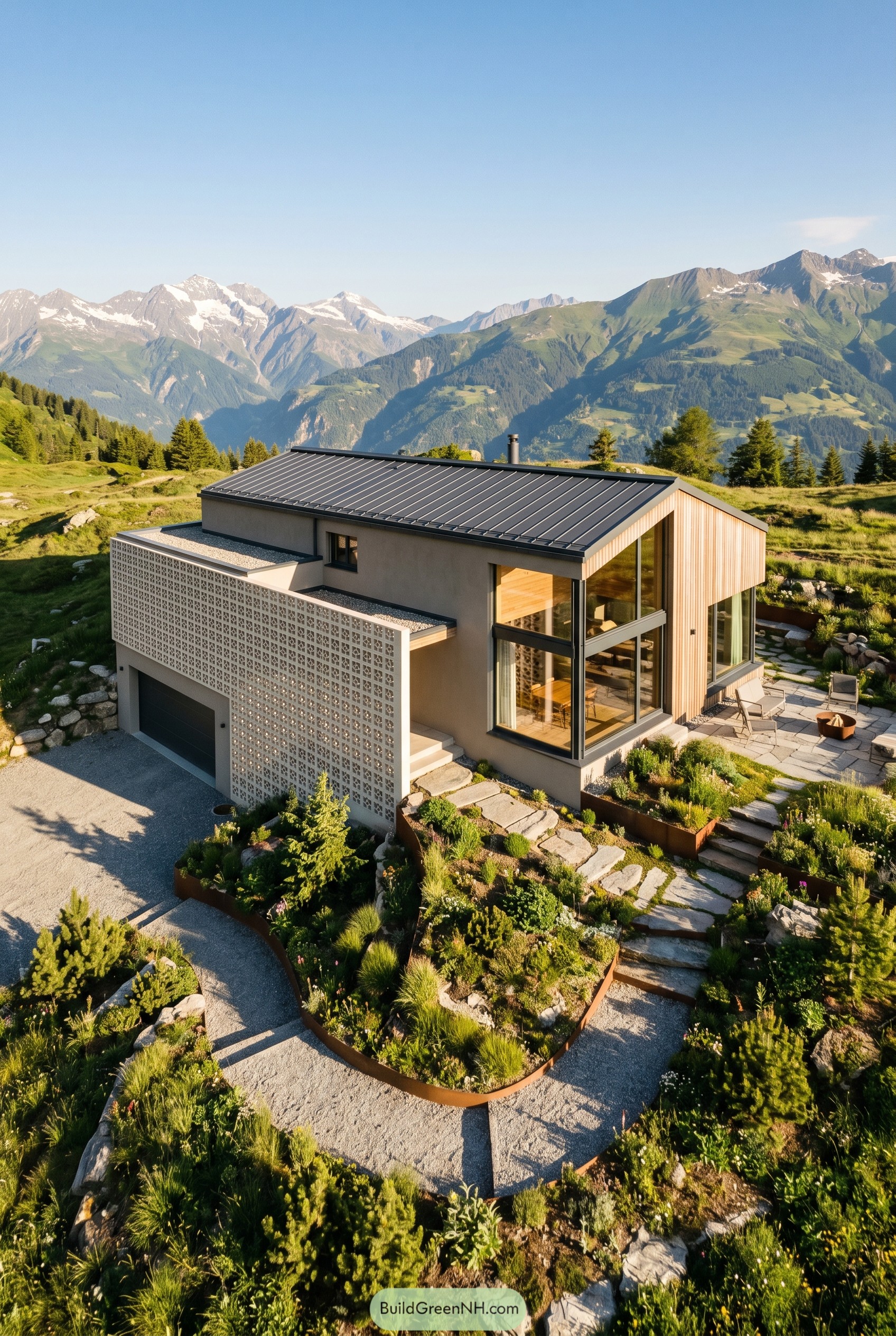 Modern alpine chalet with breeze block screened garage facade