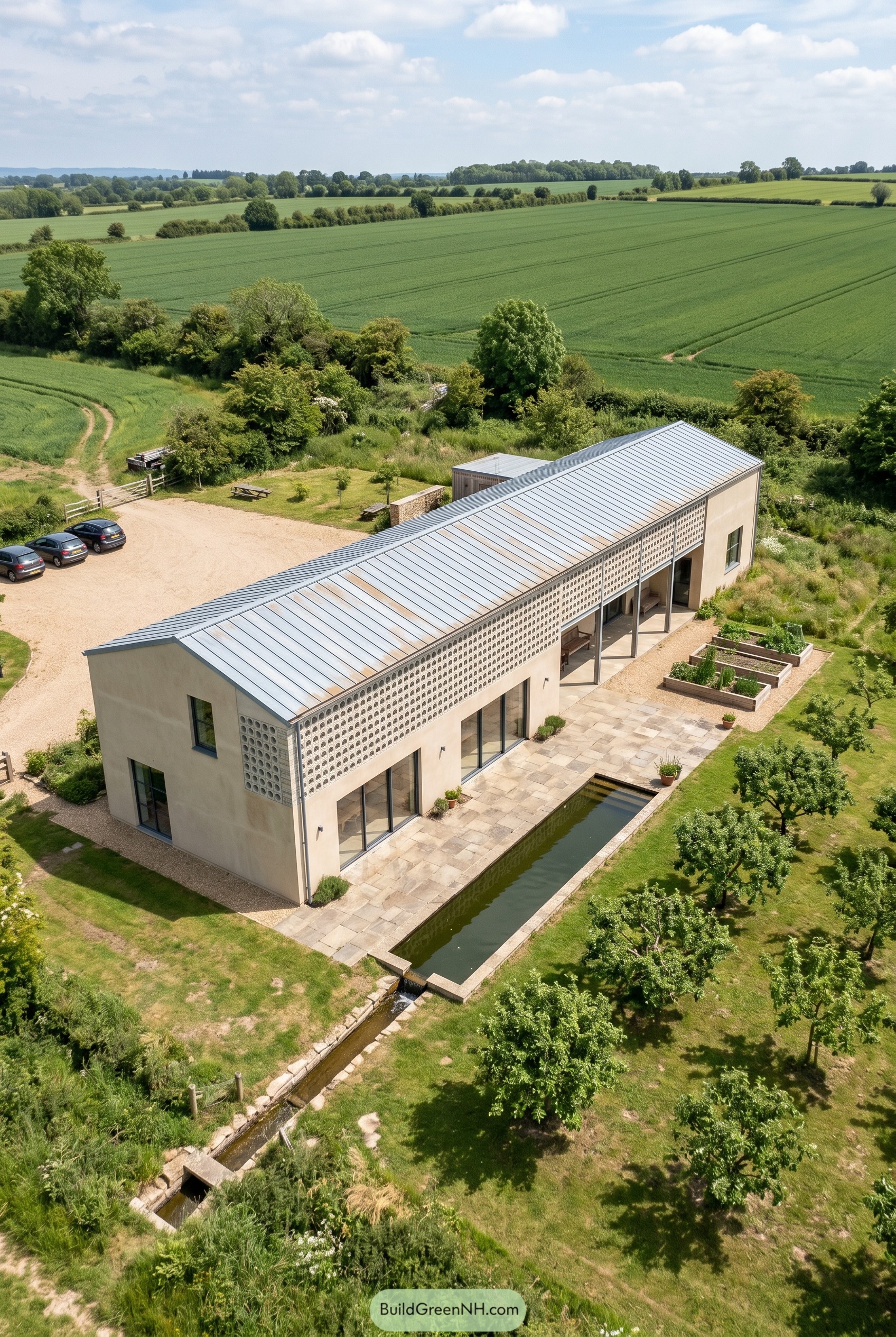 Long rural house with breeze block screen and reflecting pool