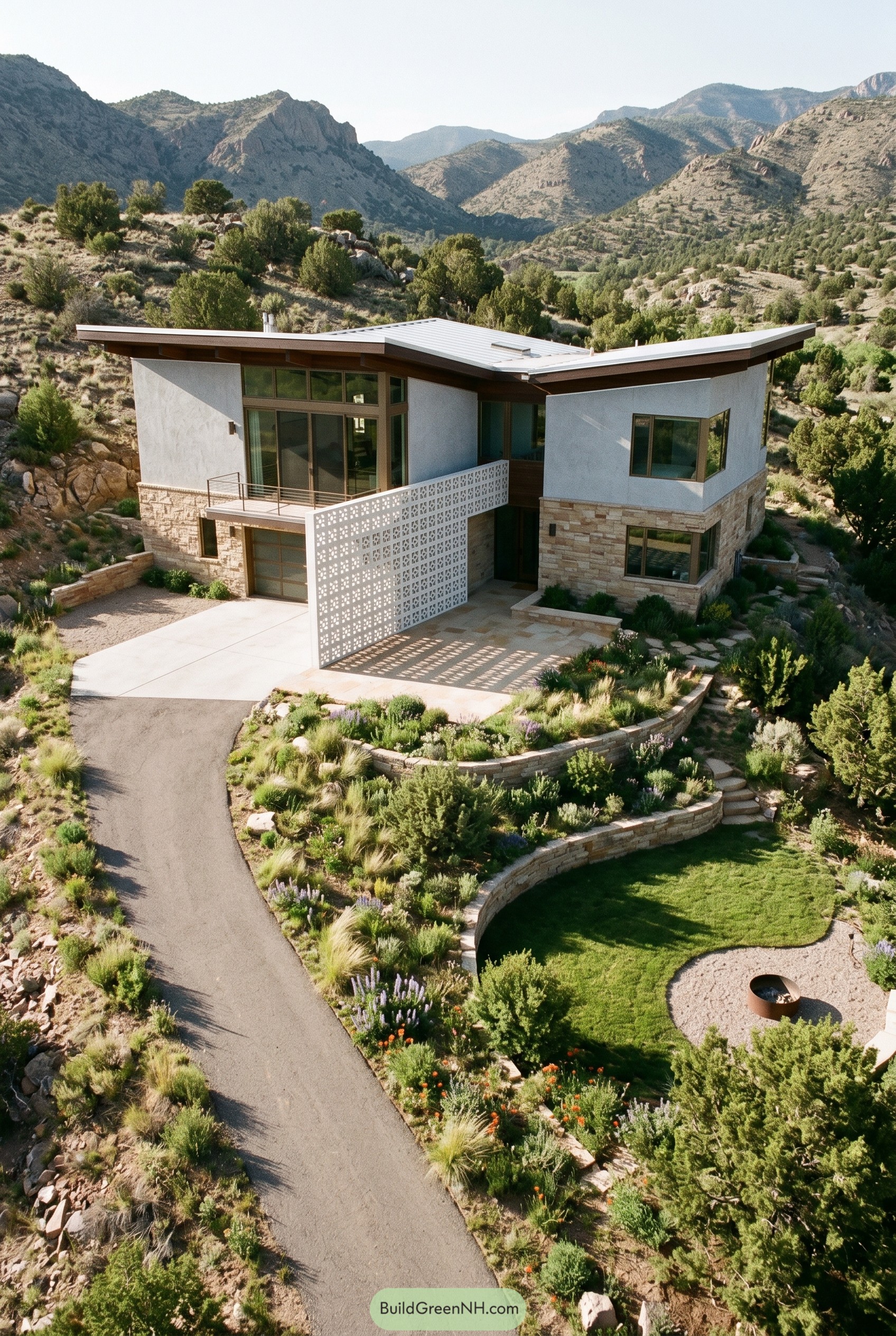 Modern hillside house with breeze block entry screen