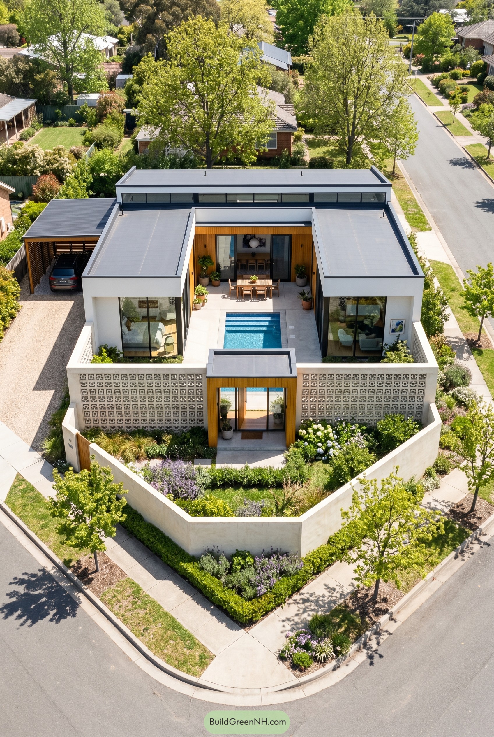 Modern courtyard house with breeze block wall and pool