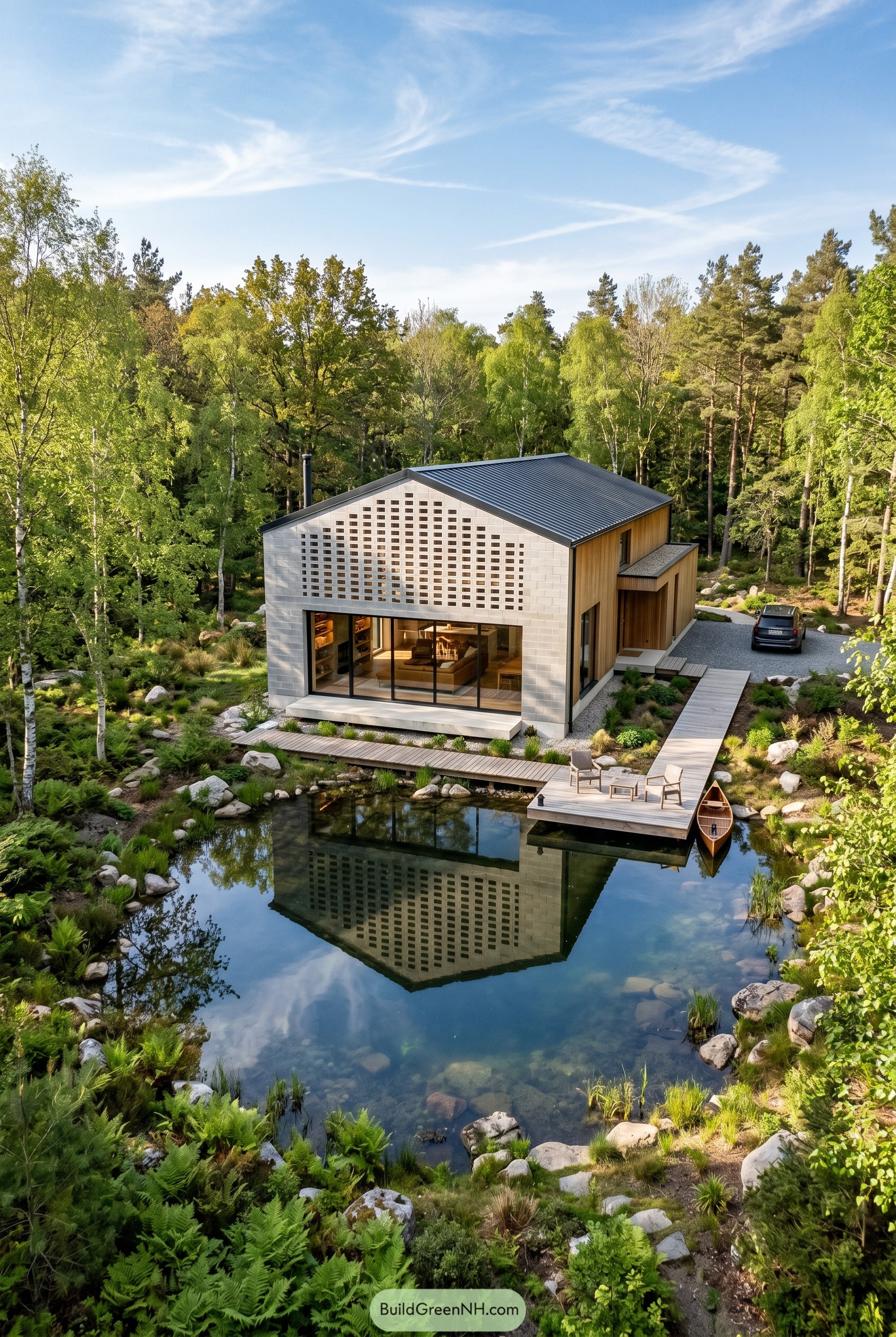 Modern gabled house with breeze block facade beside pond