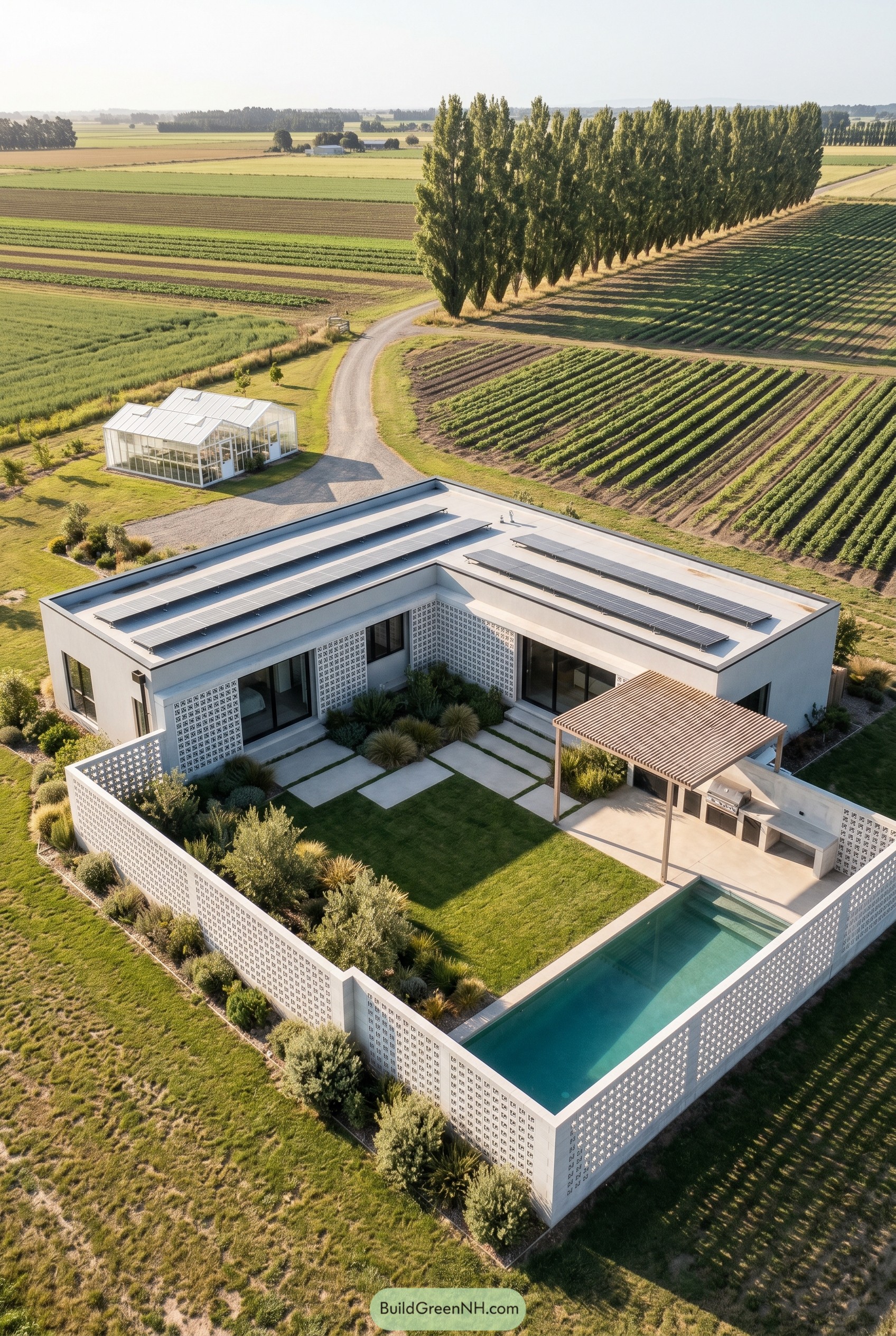 White courtyard house with breeze block walls and pool