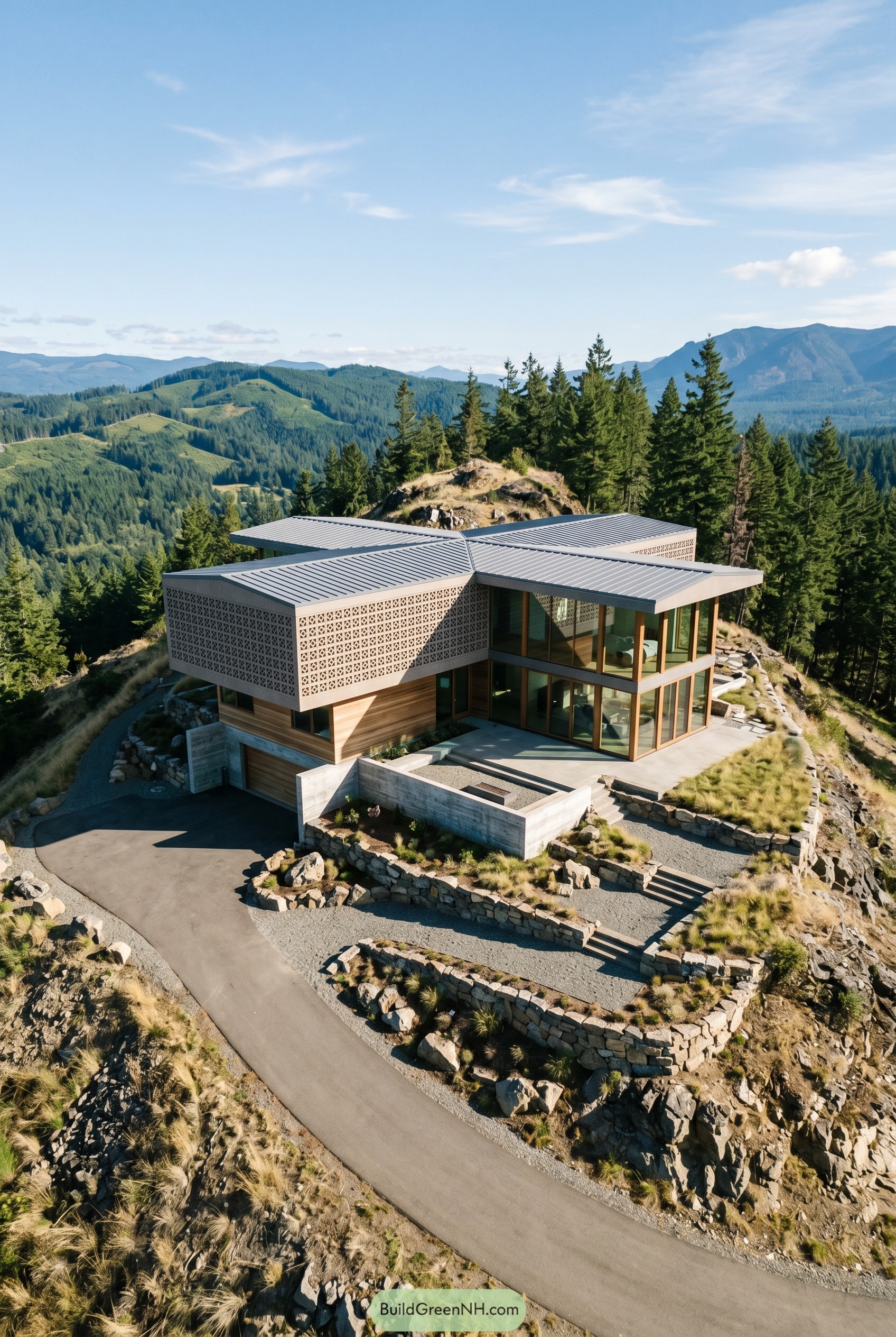 Modern hillside house with breeze block facade