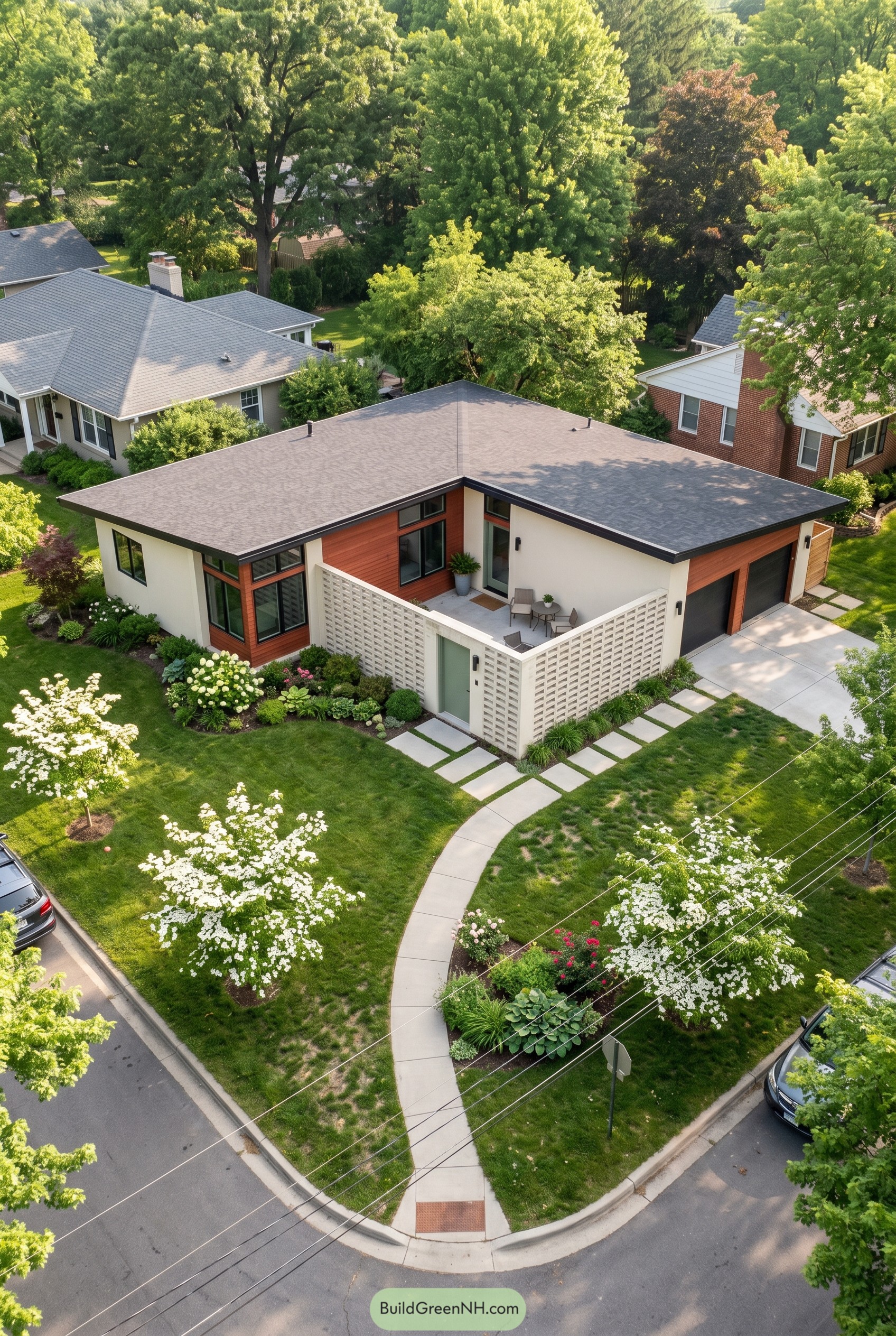 Modern corner house with breeze block courtyard wall