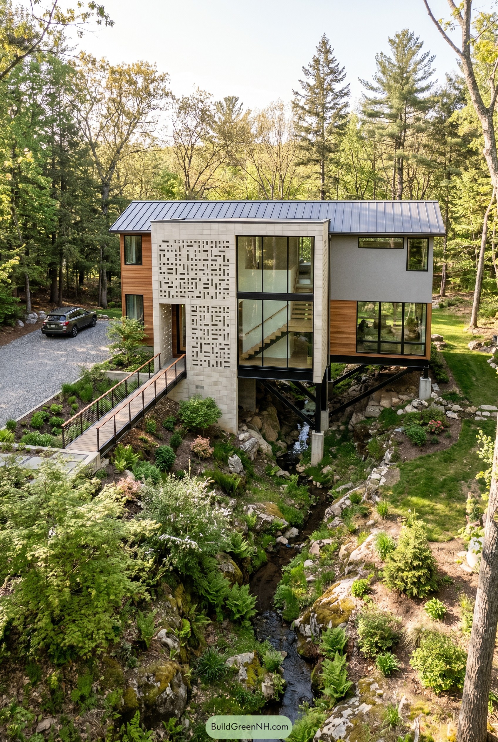 Modern house with breeze block facade over a creek