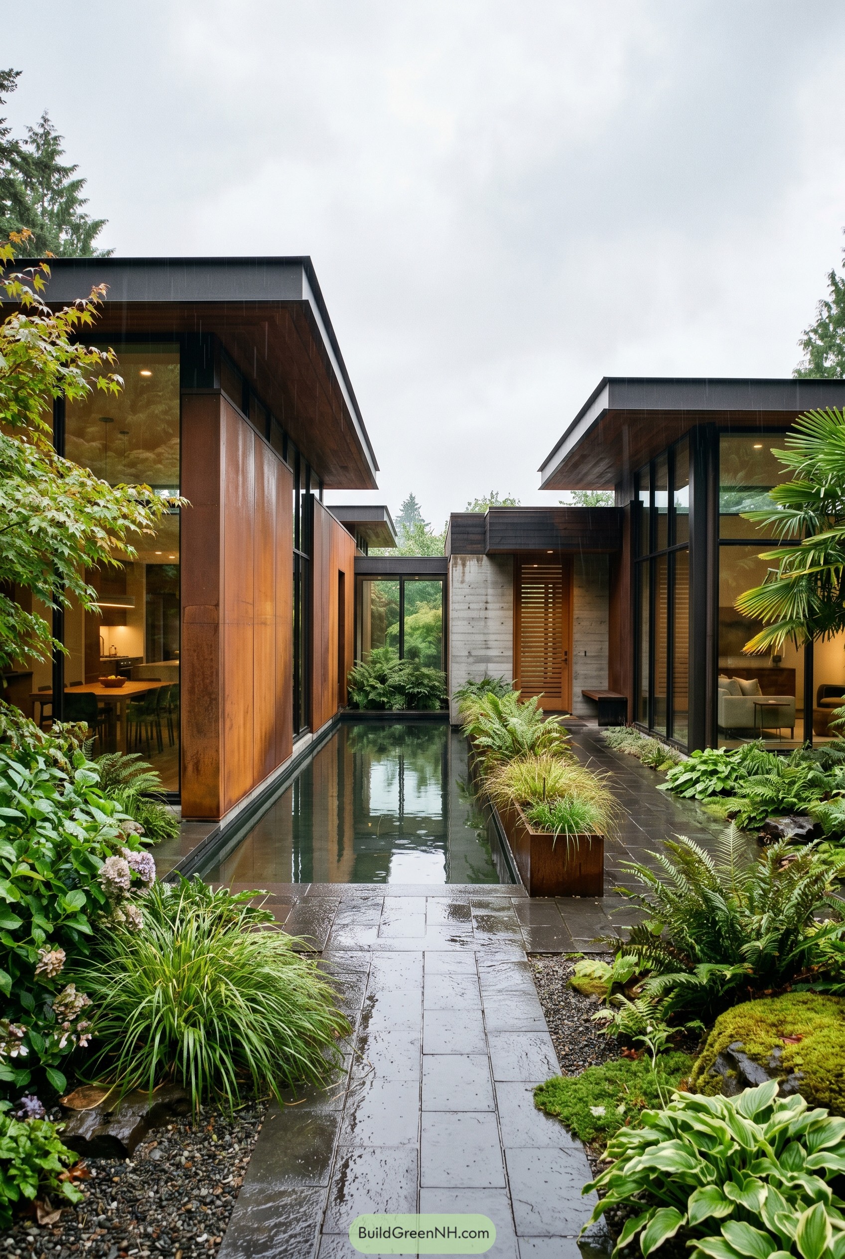Modern corten steel home with courtyard pool