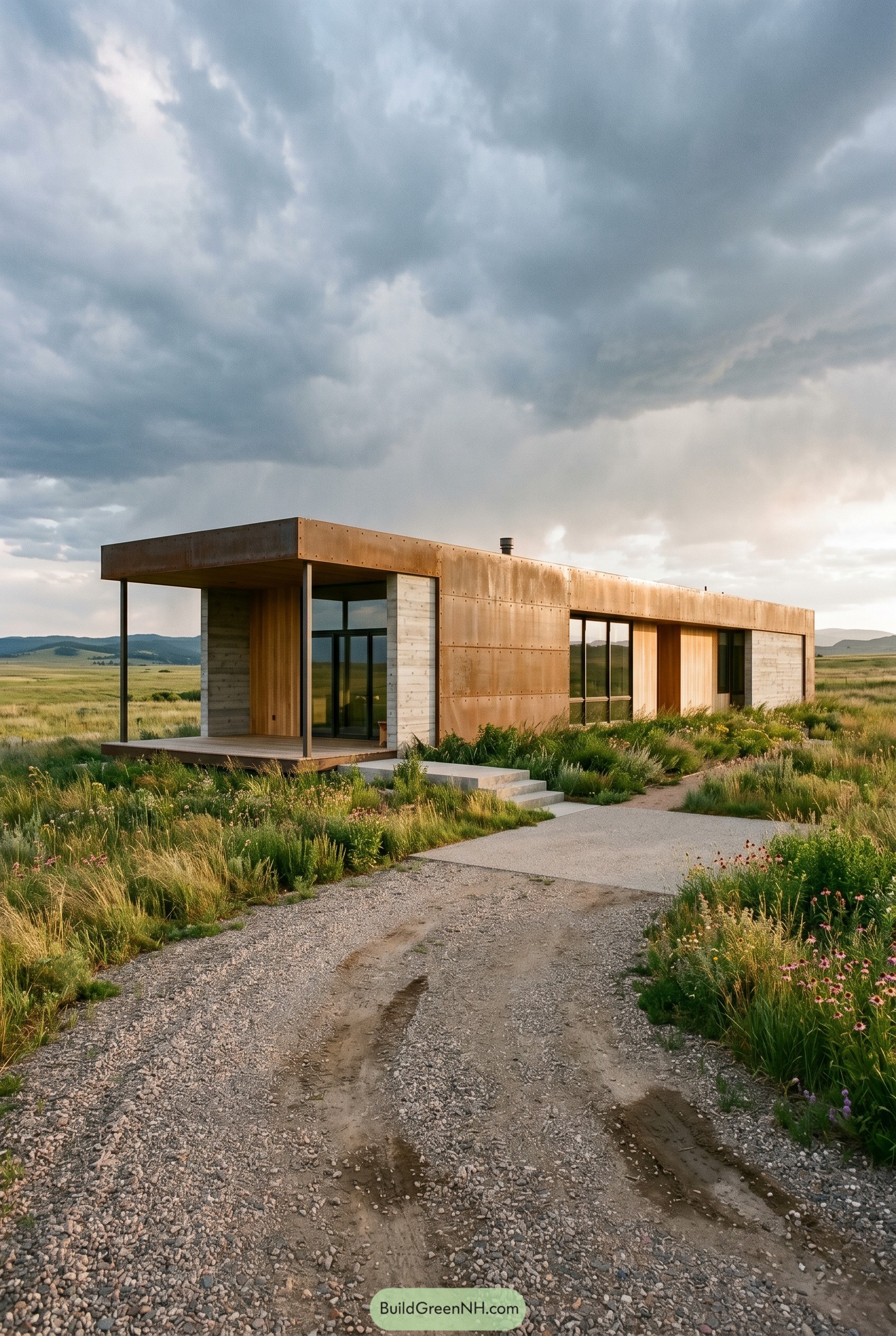 Low corten steel house in open prairie