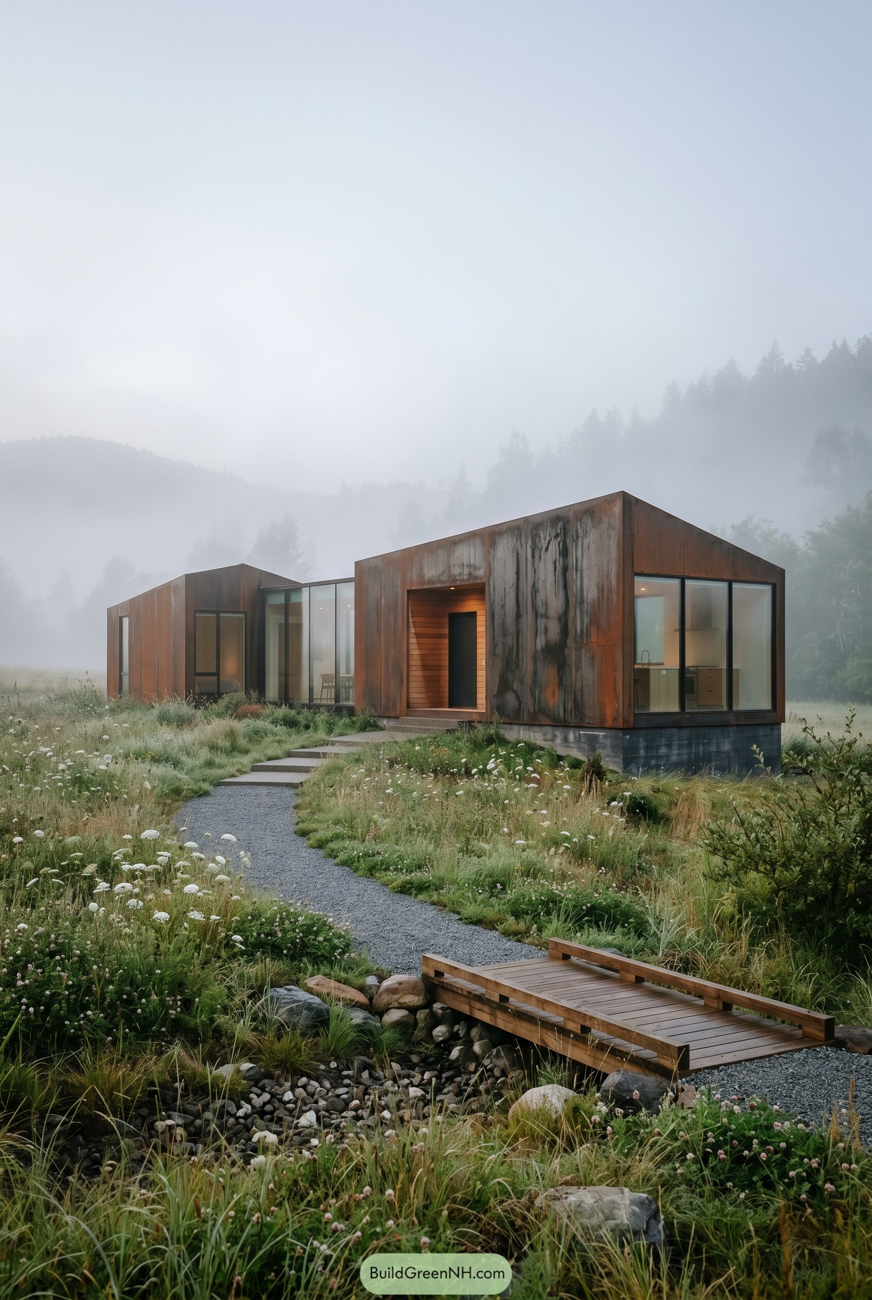 Corten steel house in a misty meadow