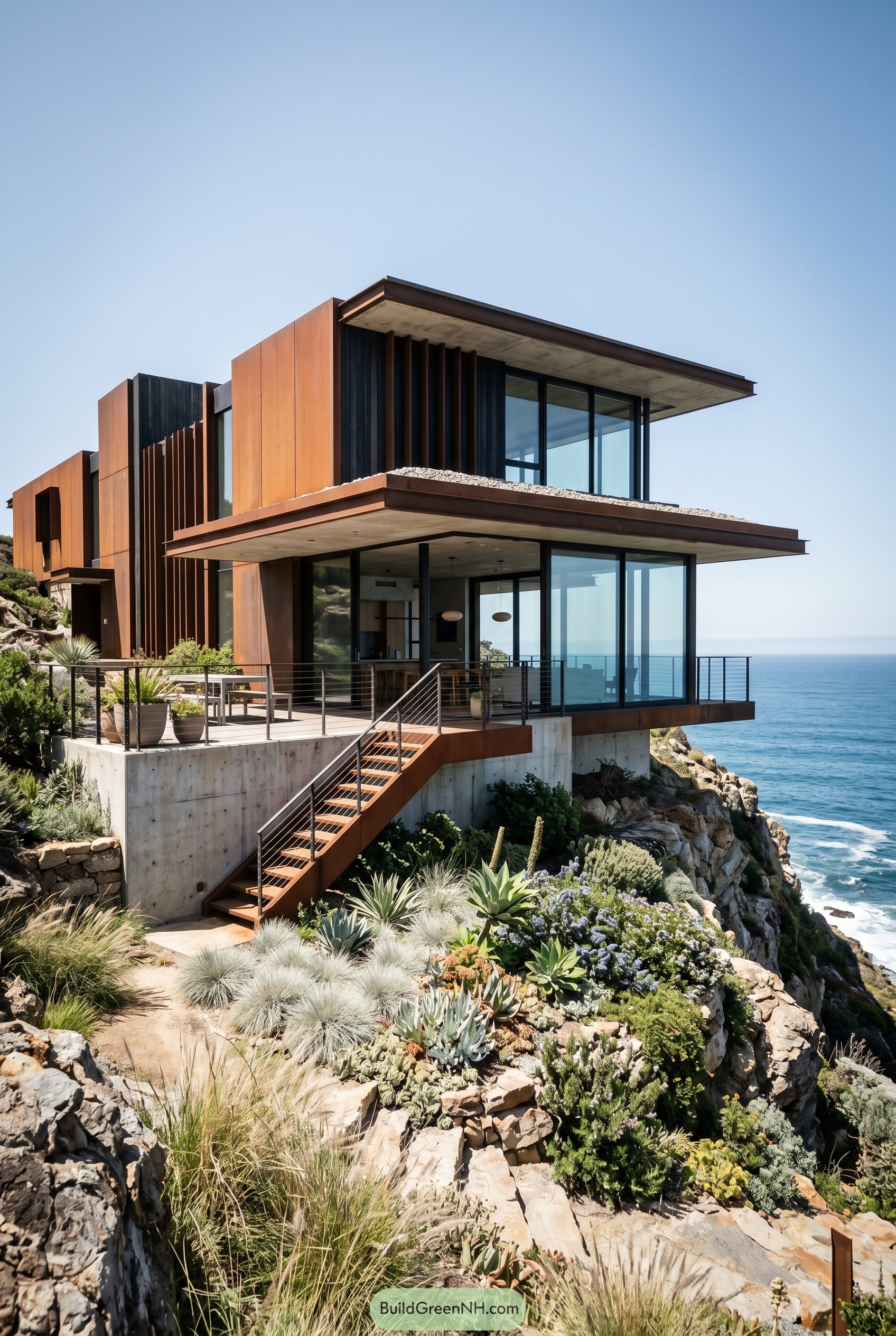 Cliffside corten steel house above the ocean