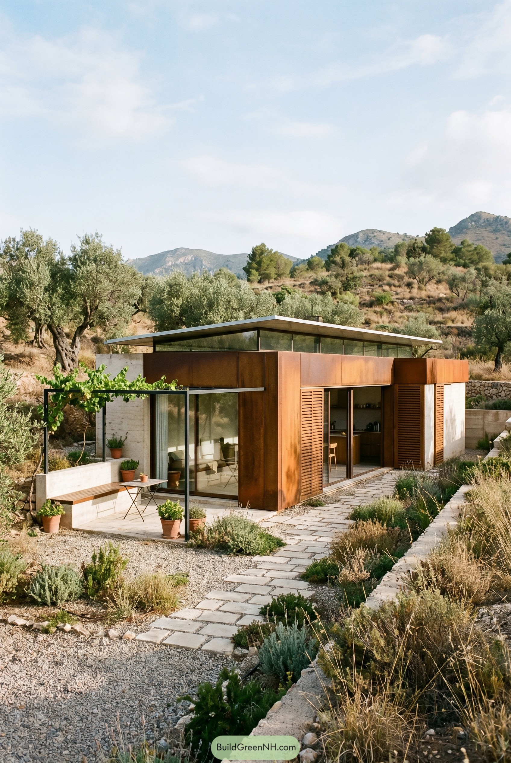 Corten steel house on a dry hillside