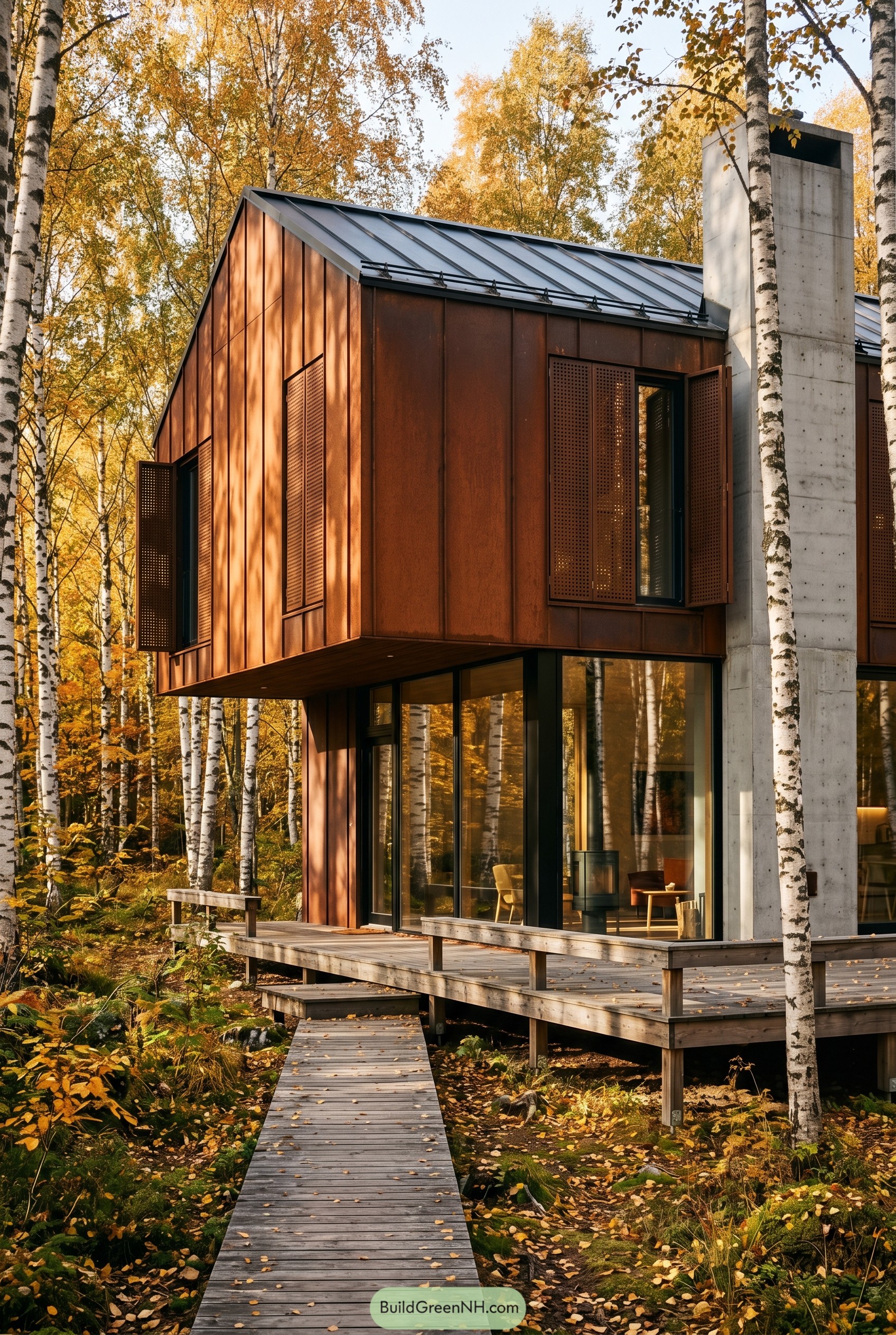 Corten steel house in a birch forest
