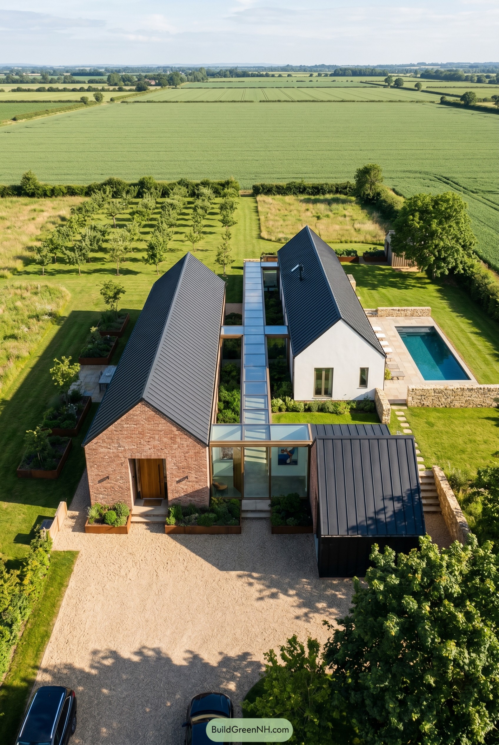 Two gabled house wings linked by a glass hallway in open farmland