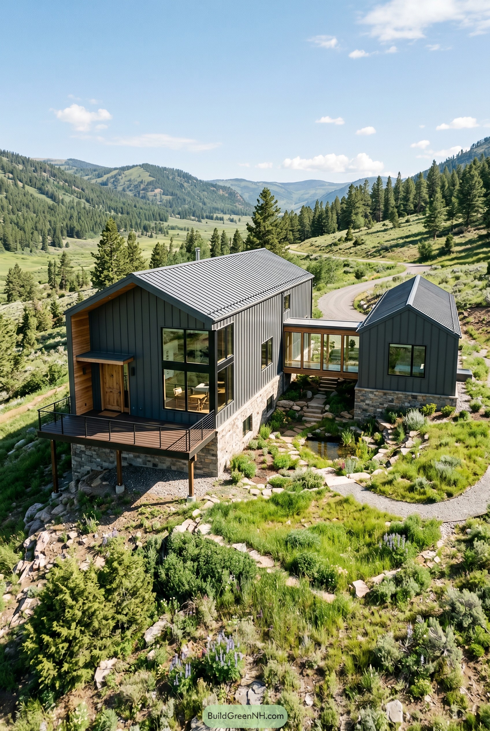 Two dark gabled volumes linked by a glass hallway on a mountain hillside
