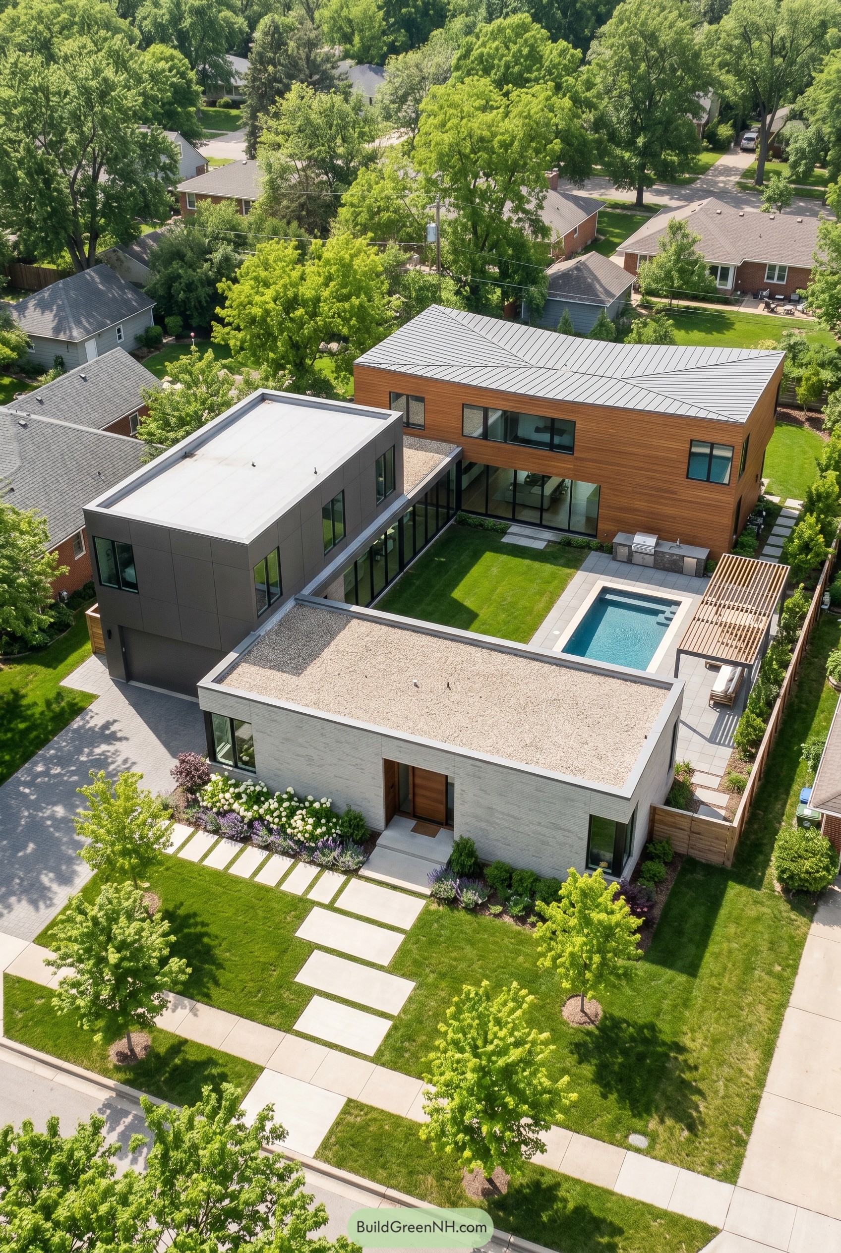 Modern courtyard home with glass connector and pool