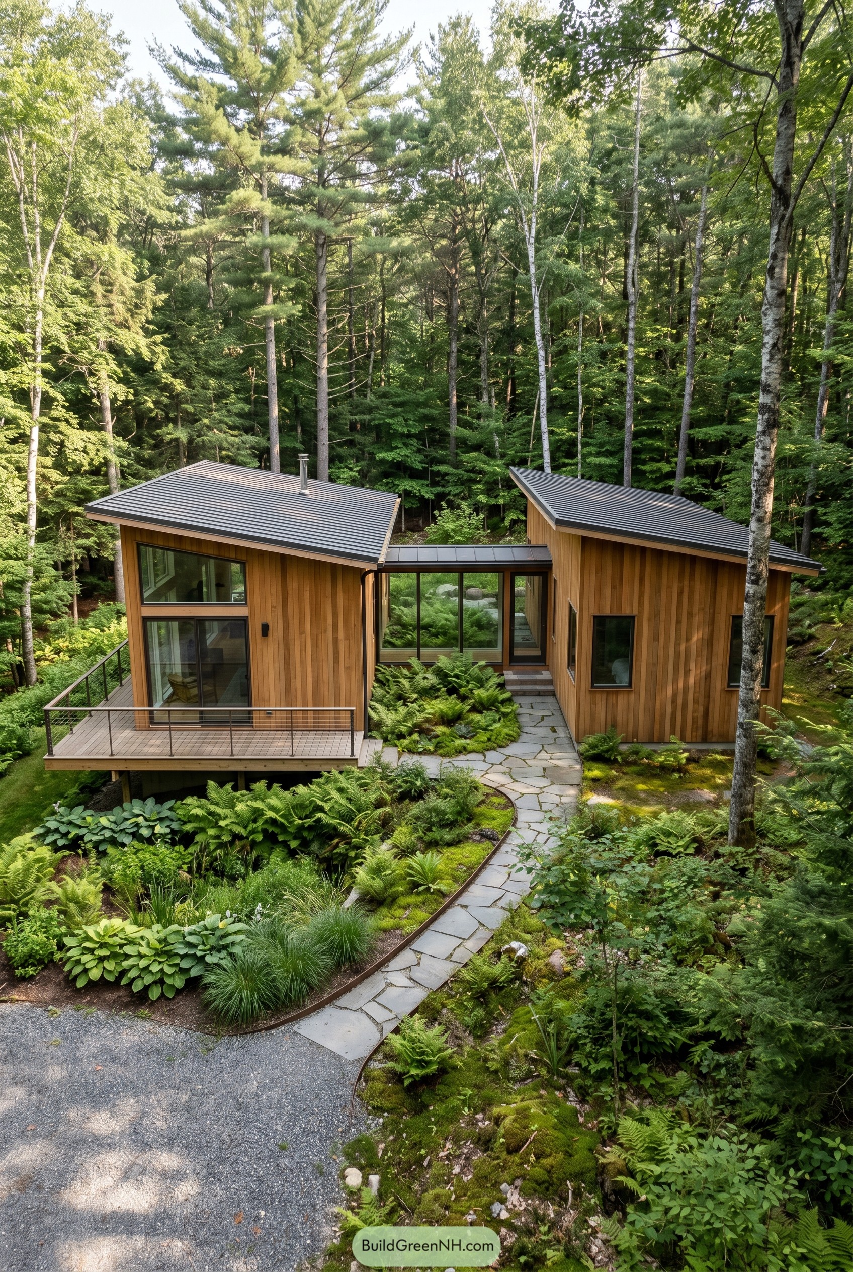 Two cedar volumes joined by a glass hall in the woods
