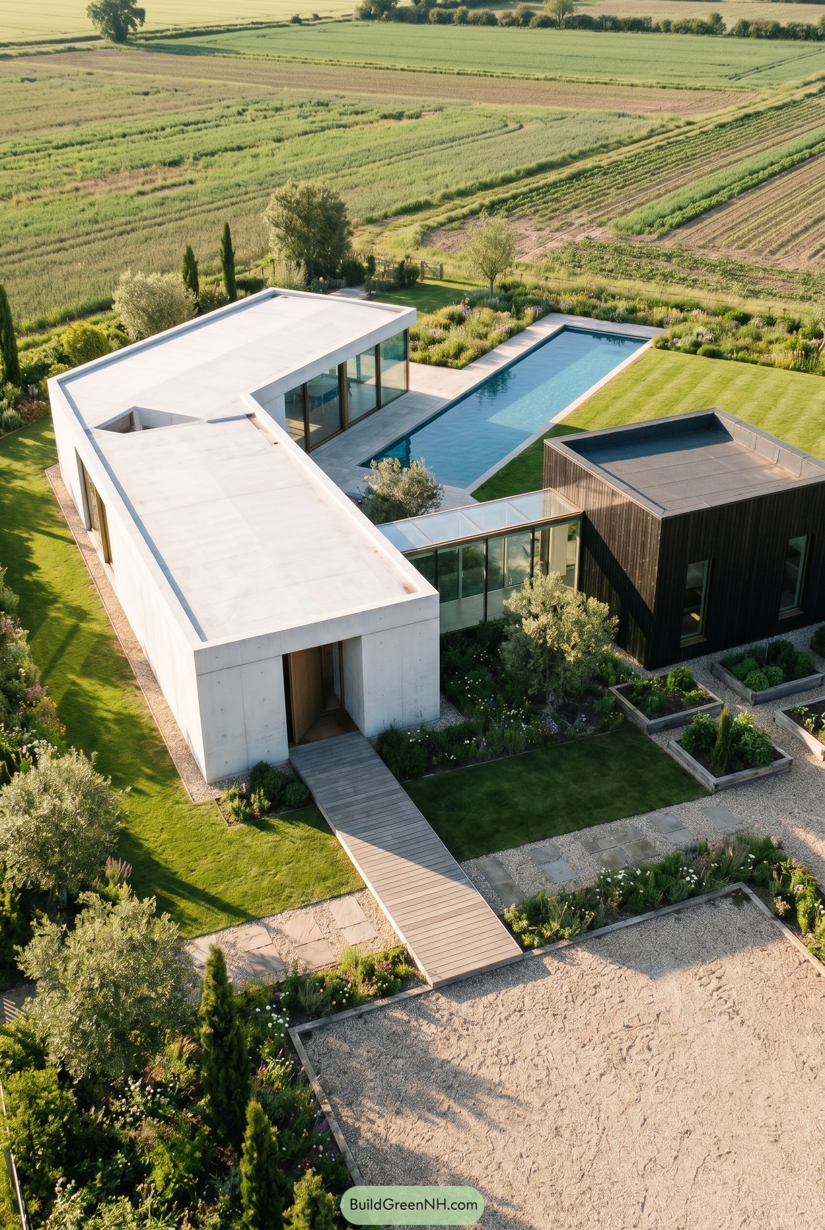 Aerial view of modern house with glass connector and long pool