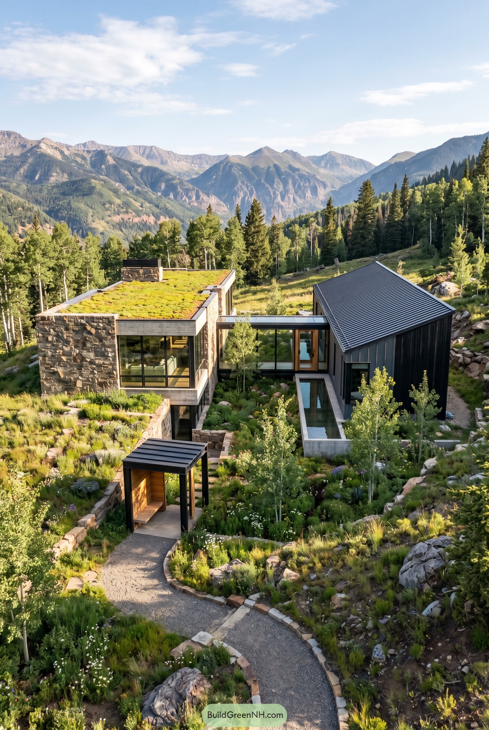 Mountain home with green roof and glass link