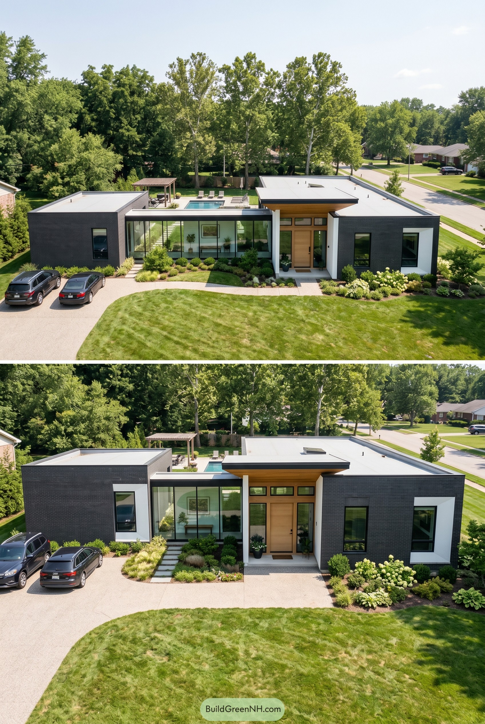 Single story modern house with glass connector between dark brick wings