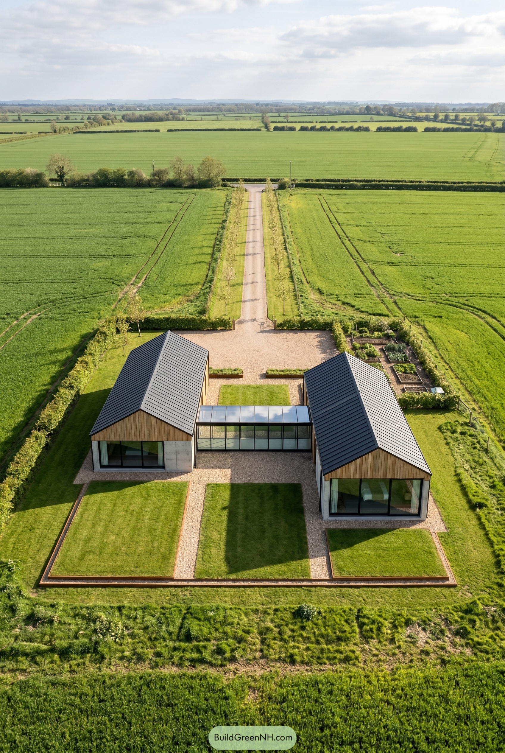 Two barn like wings joined by a glass hallway in open farmland