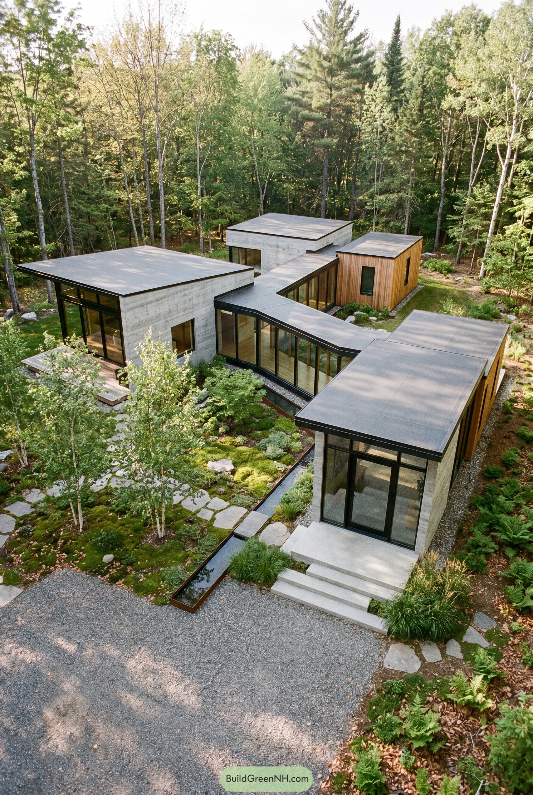 Modern forest home with zigzag glass hallway