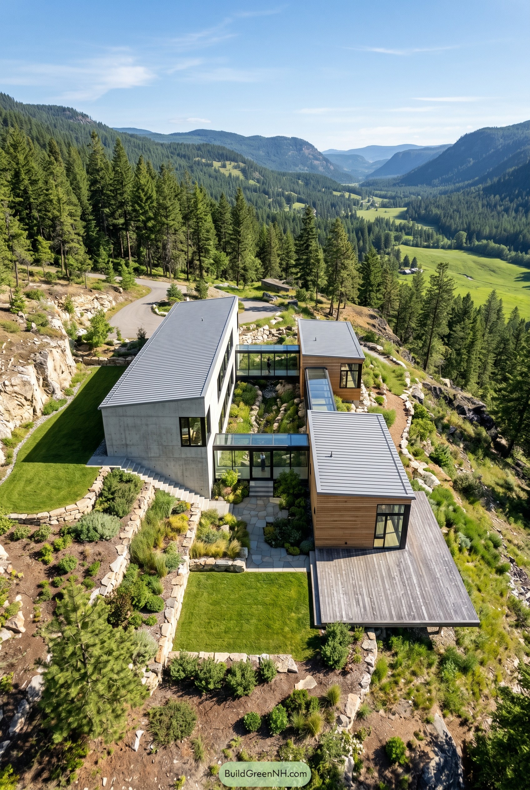Modern hillside house with glass connectors