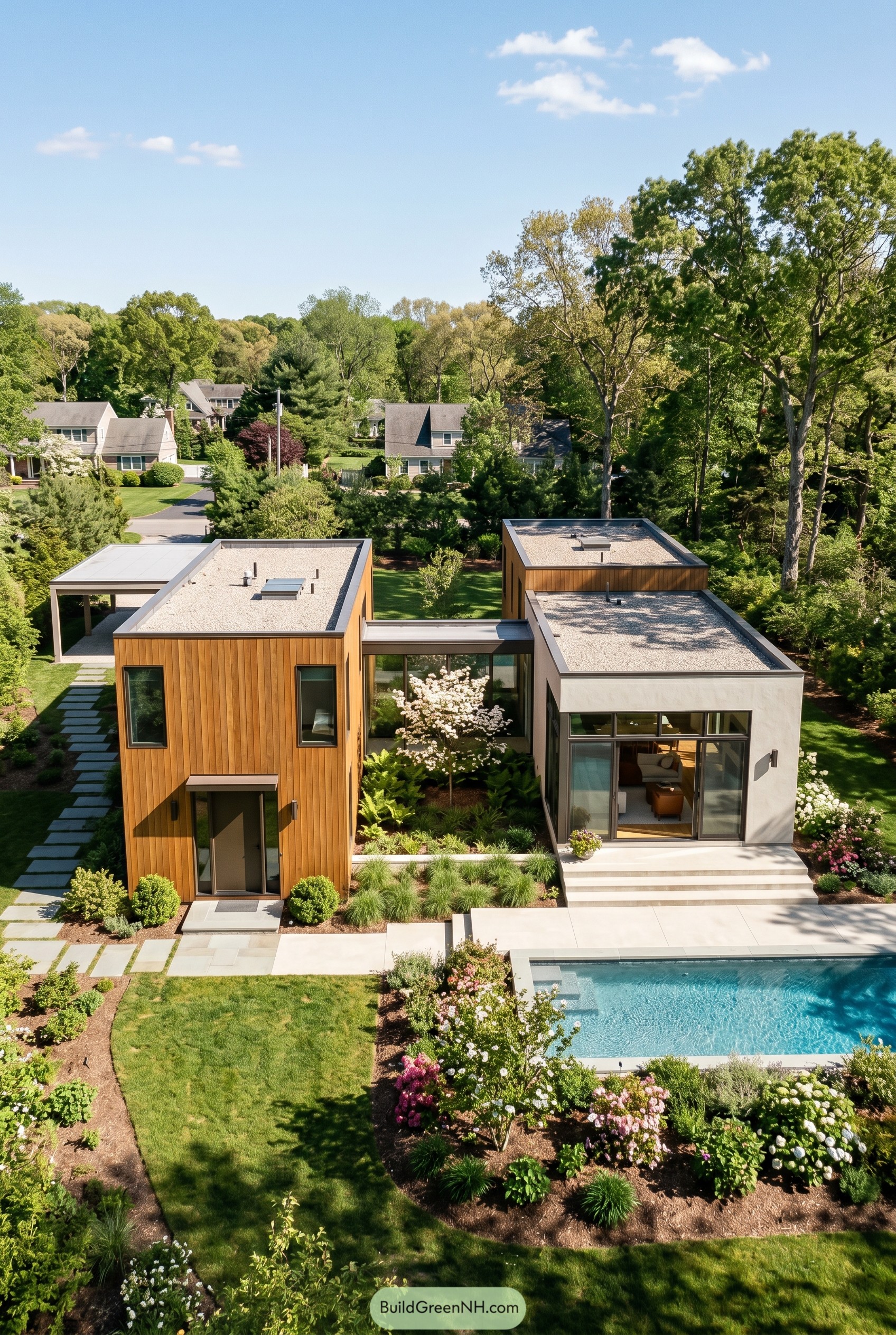 Modern split volume house with glass connector and pool