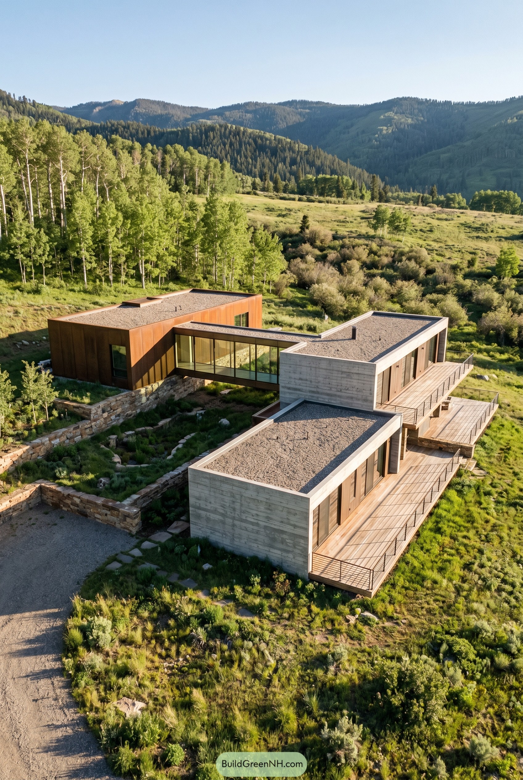 Modern hillside house with glass connector between volumes