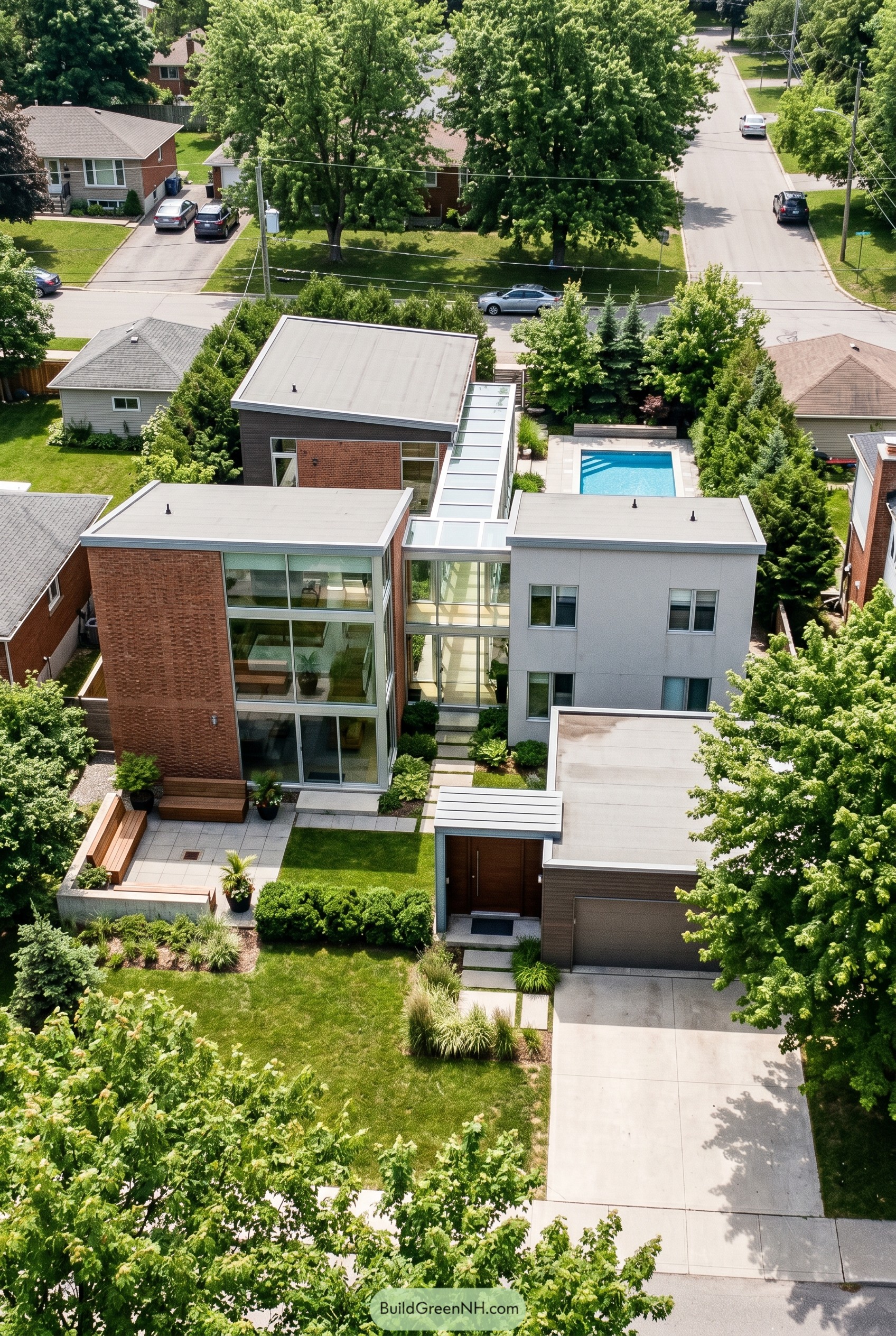 Modern brick house with glass connector