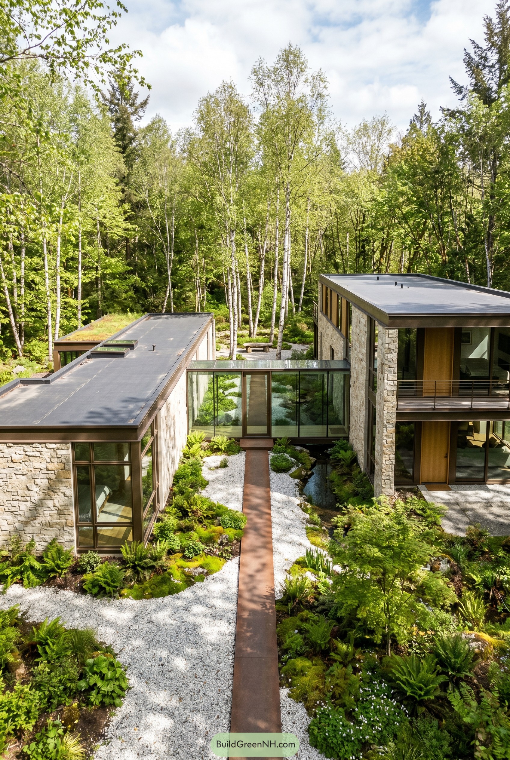 Two stone volumes joined by a glass hallway over a landscaped courtyard
