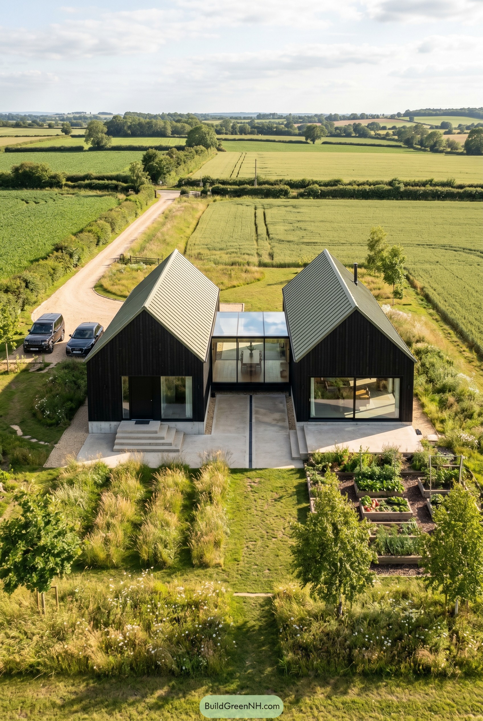 Two black barn volumes linked by a glass hallway in open farmland