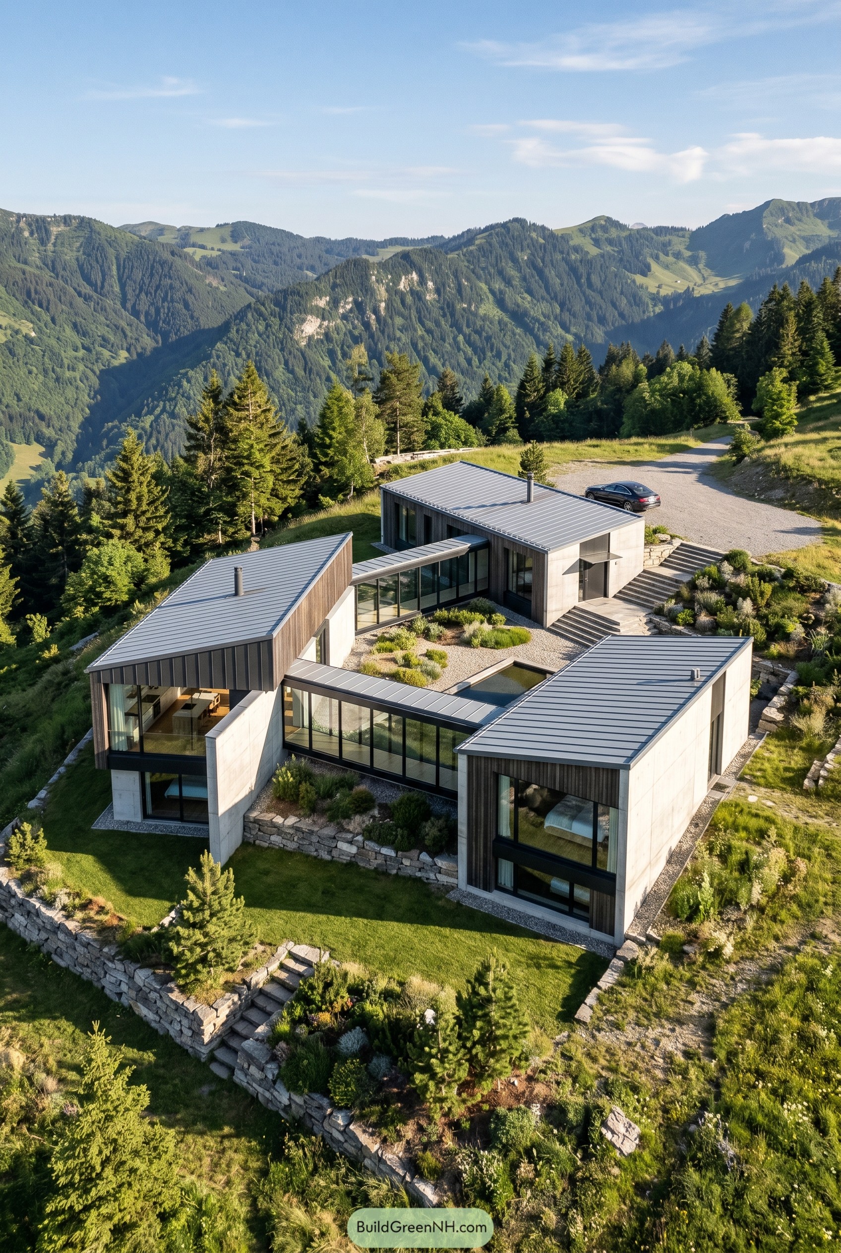 Mountain house with glass hallways and courtyard