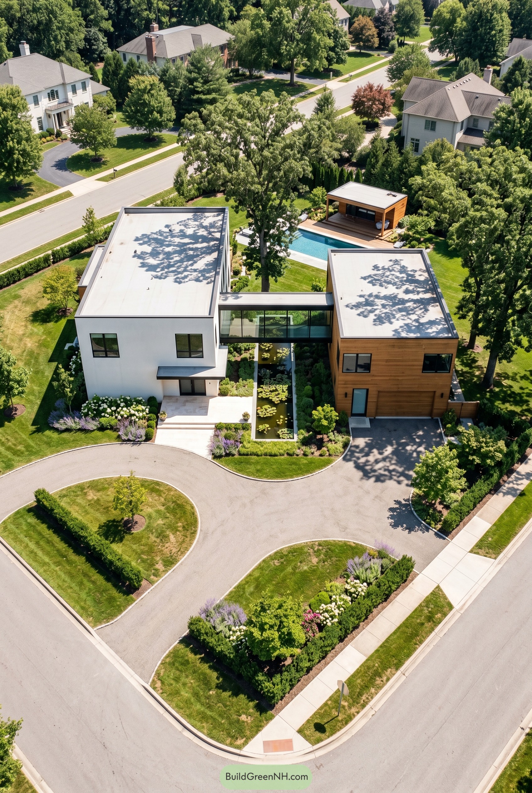 Aerial view of two modern volumes linked by a glass hallway