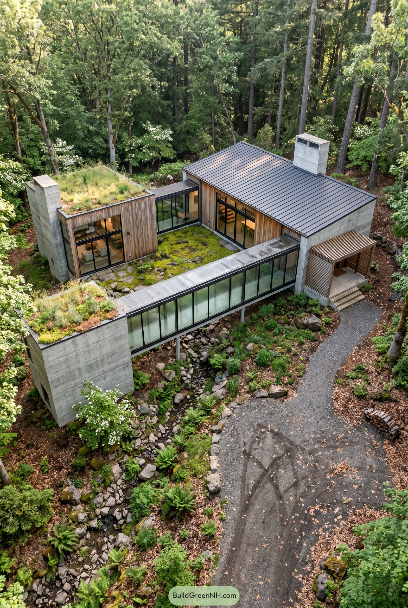 Forest home with glass bridge over stream