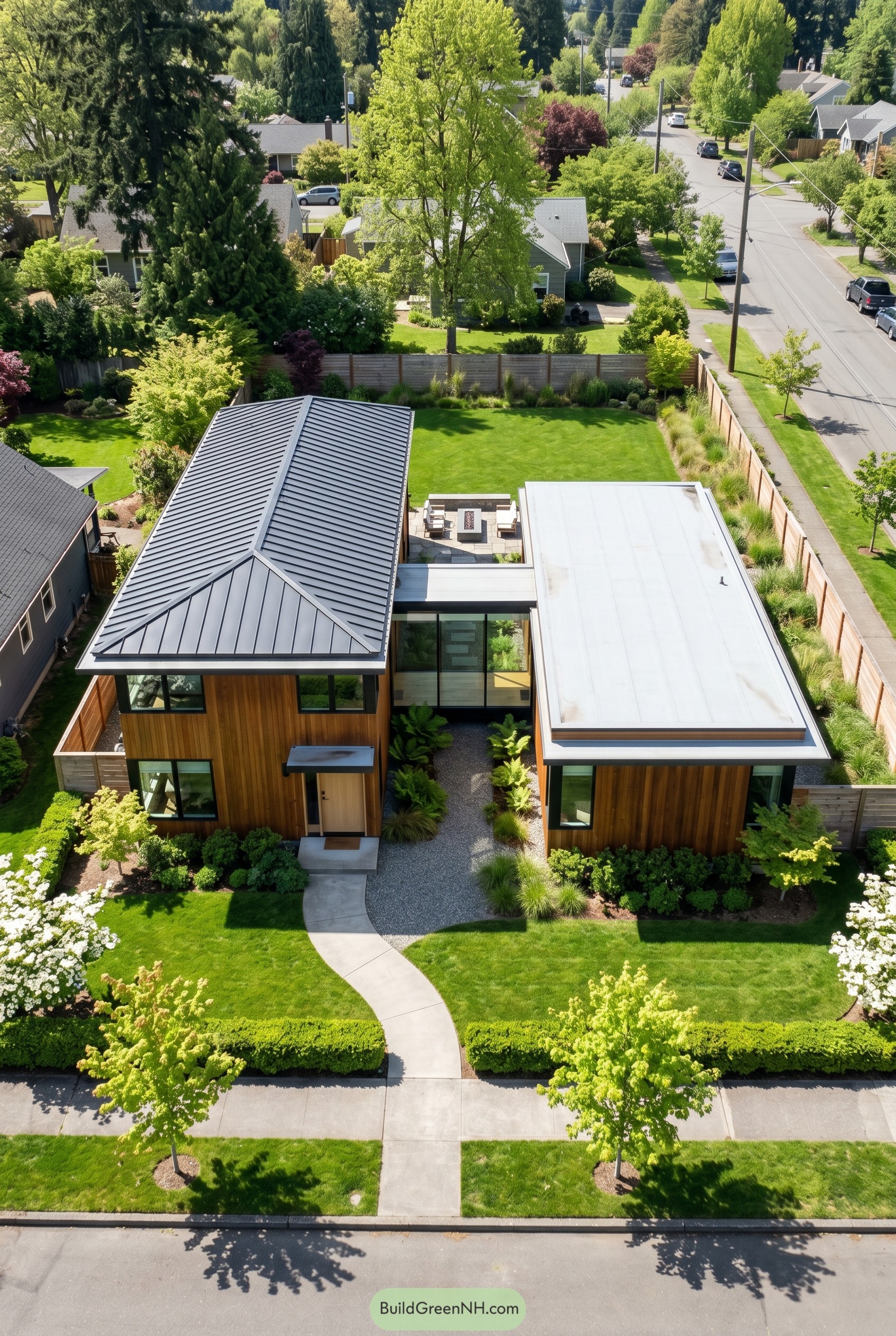 Aerial view of a modern house with two wood clad volumes connected by a glass hallway