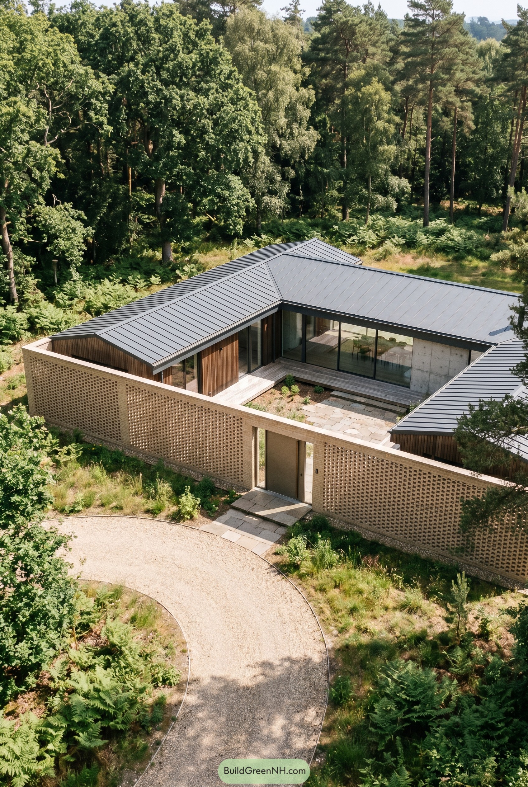 Aerial view of a courtyard house with perforated brick walls in a forest