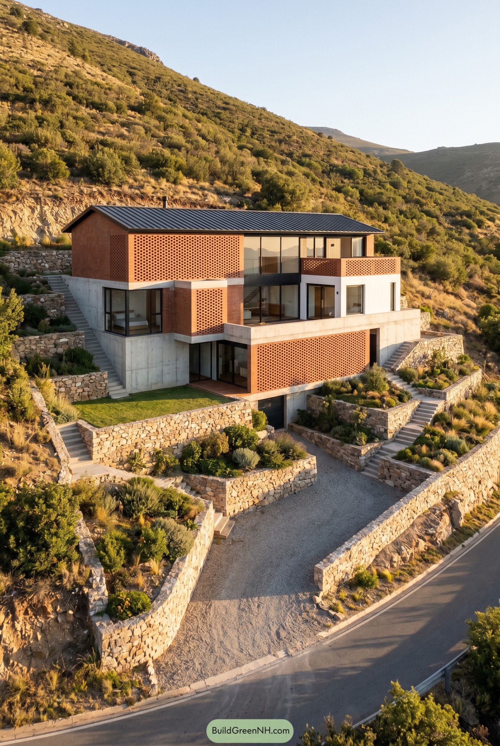 Terraced hillside house with perforated brick walls