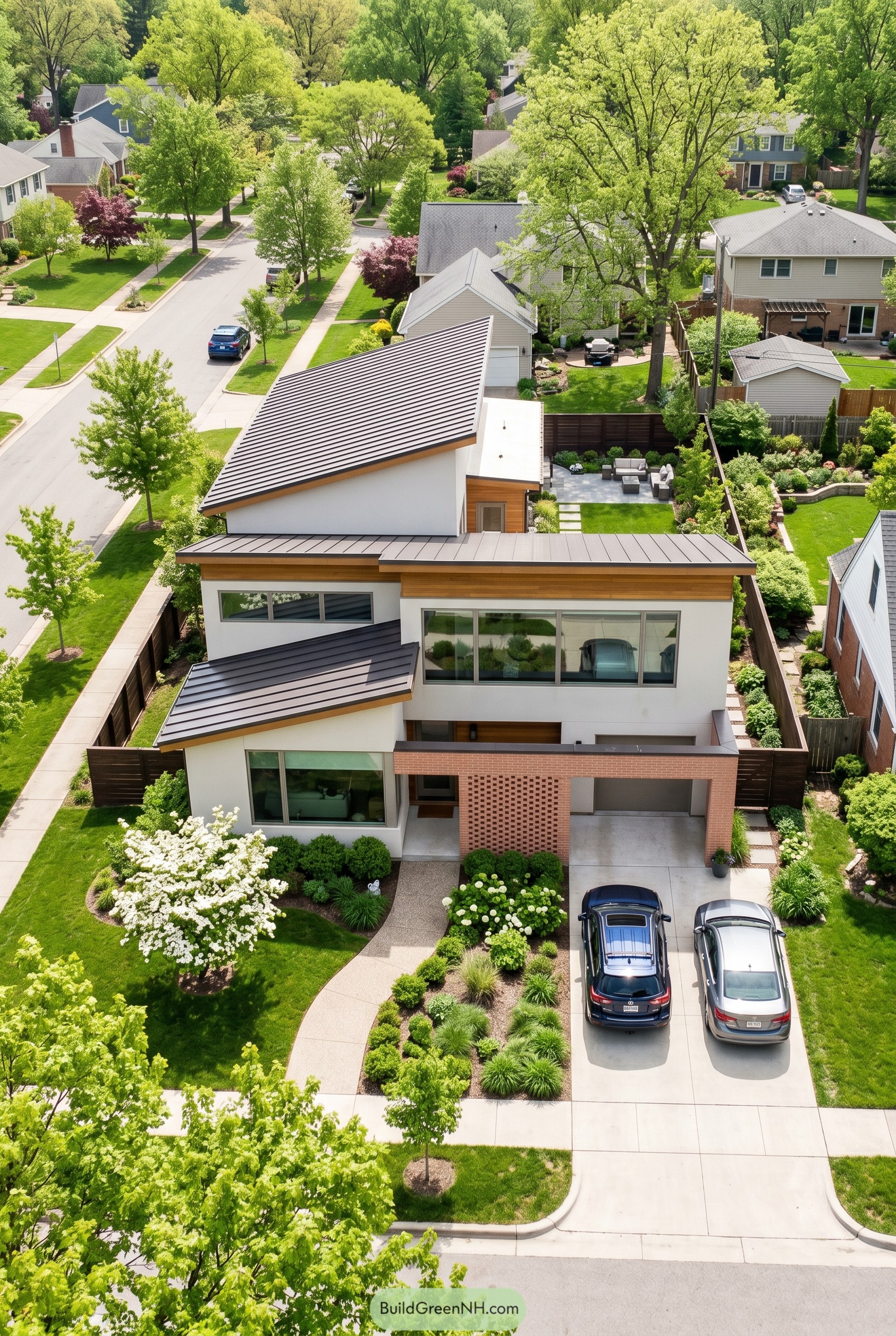 Modern white house with angular roofs and a perforated brick carport screen